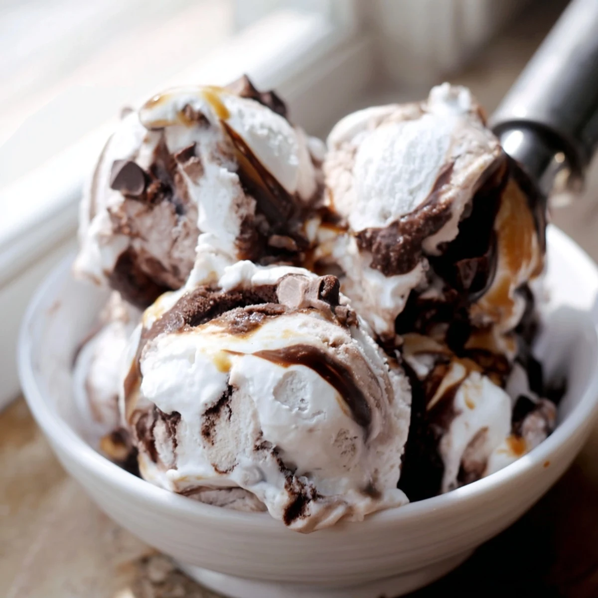 Creamy Ninja Creami Phish Food ice cream swirled with gooey marshmallow fluff and golden caramel ribbons