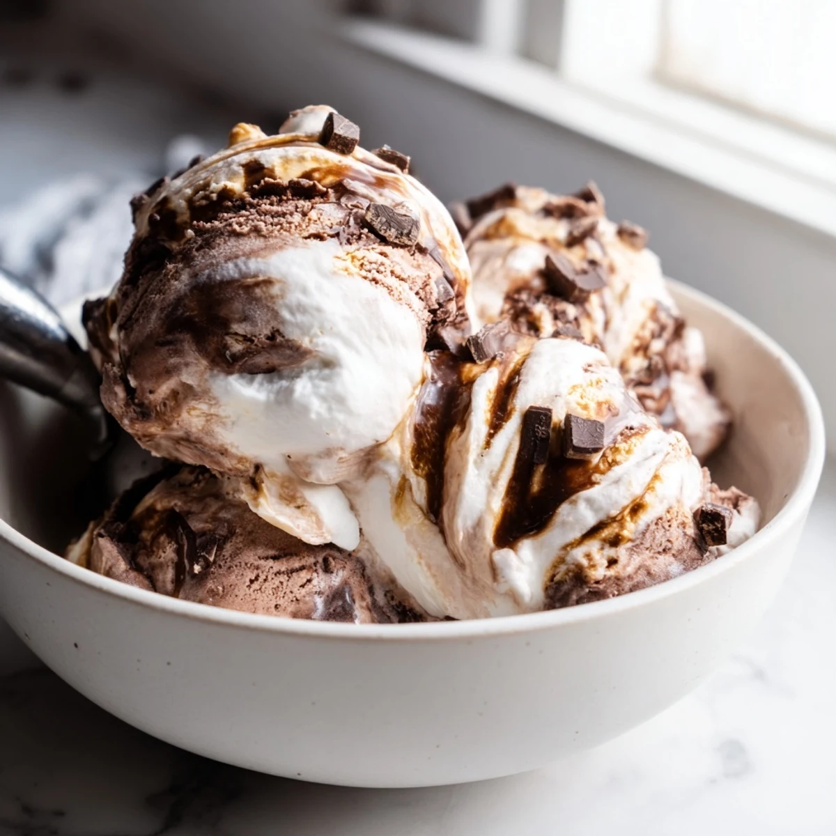 Rich chocolate Ninja Creami Phish Food dessert topped with marshmallow swirls and chocolate fish pieces