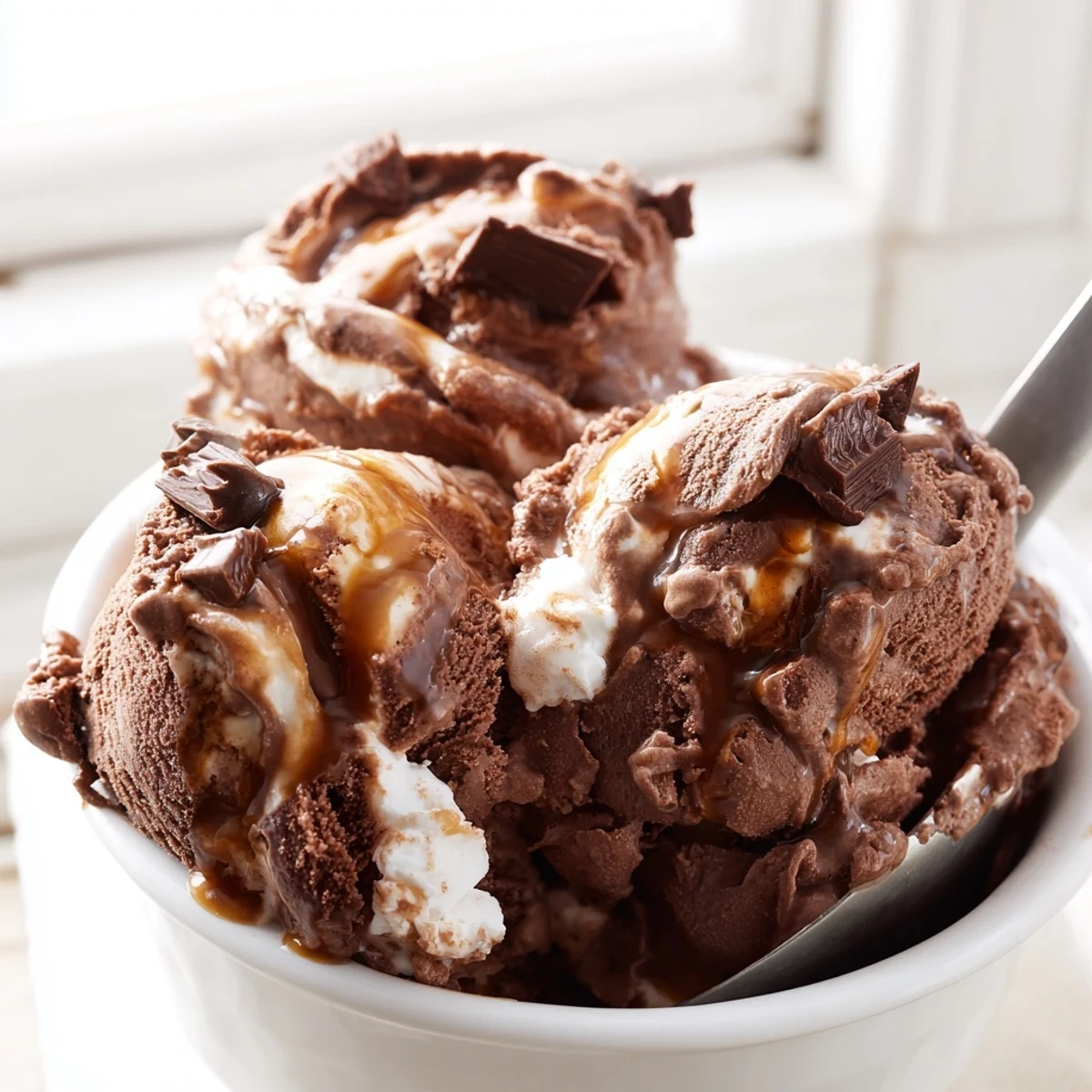 Scoop of homemade Ninja Creami Phish Food ice cream featuring caramel ribbons and marshmallow fluff