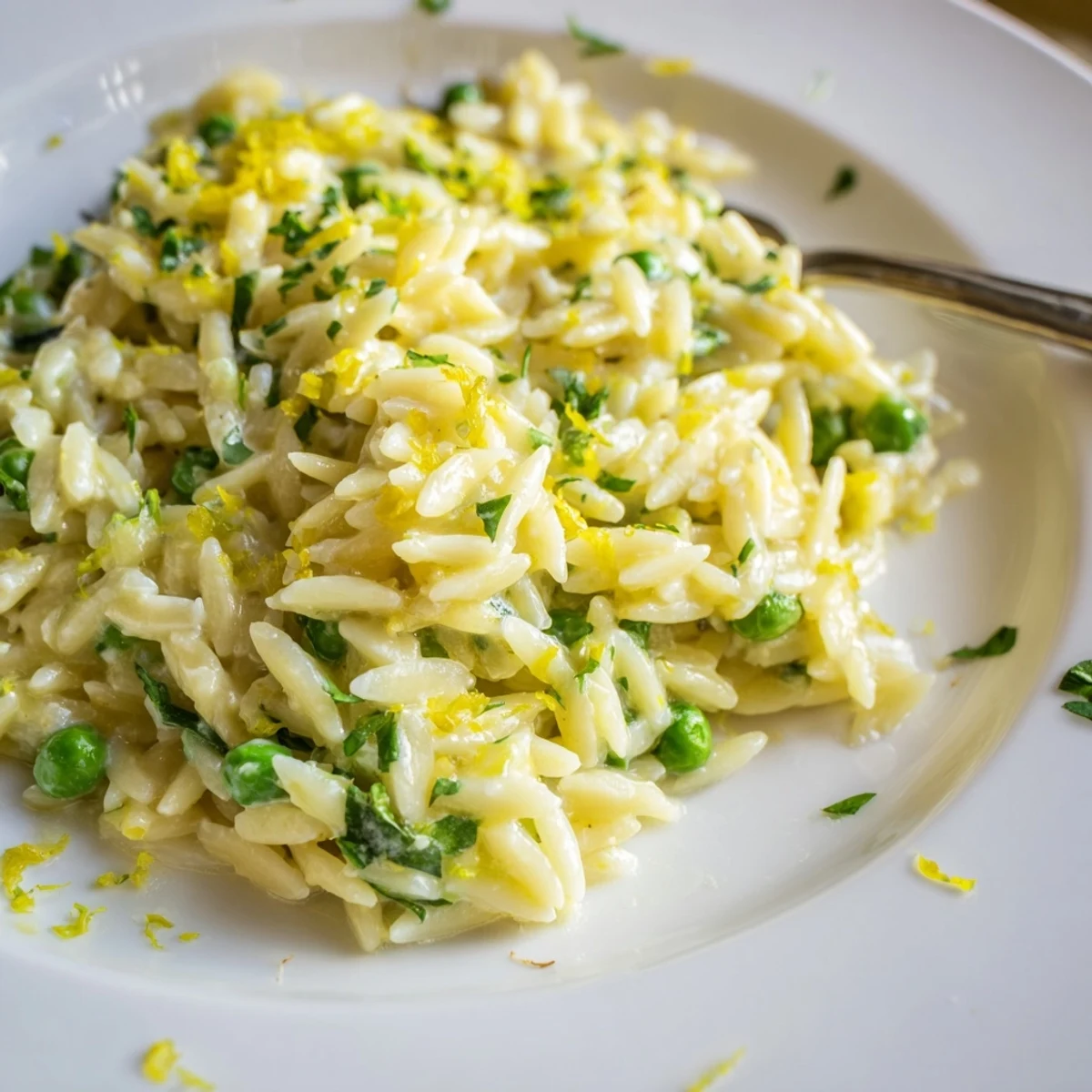 Golden lemon orzo pasta with fresh parsley and grated Parmesan cheese in a white bowl