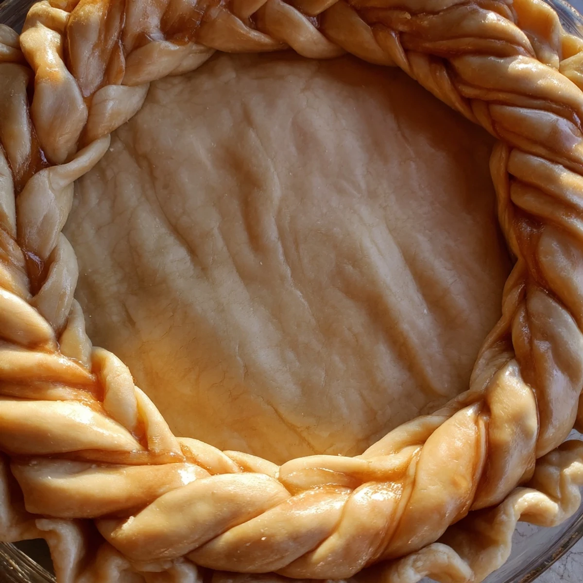Golden brown fishtail braid pie crust with woven decorative edge on a fluted ceramic pie plate