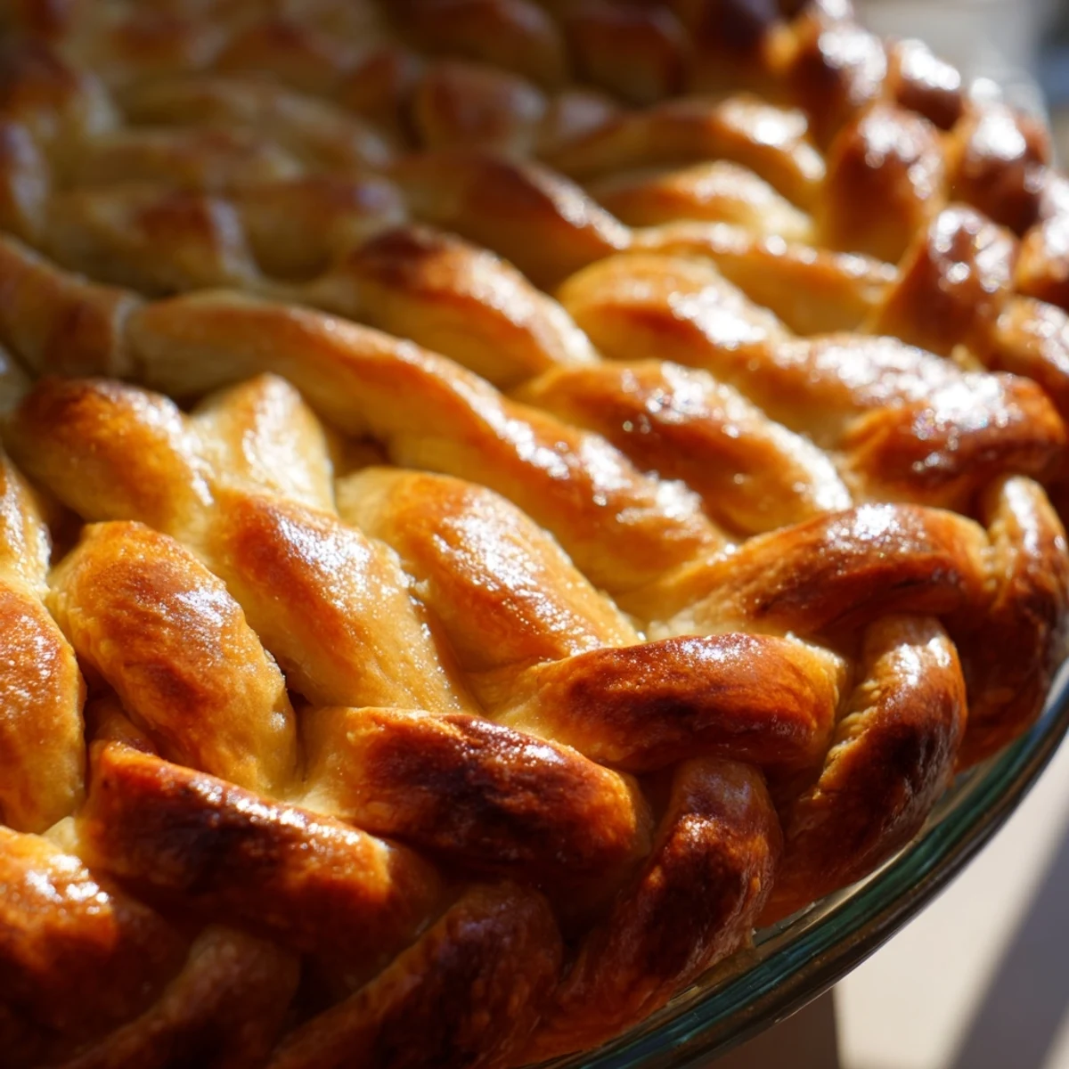 Hand-braided pie crust strips arranged in an intricate fishtail pattern brushed with egg wash for shine