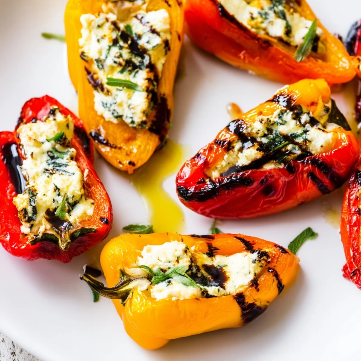 Golden roasted mini peppers stuffed with creamy herbed goat cheese on a white serving platter