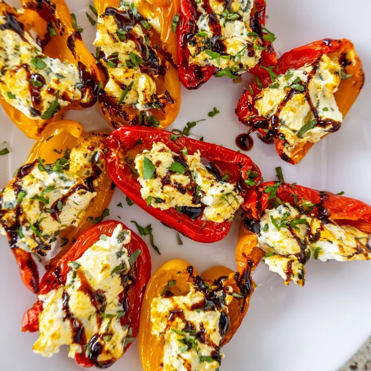 Colorful sweet pepper halves filled with savory goat cheese mixture, drizzled with balsamic glaze