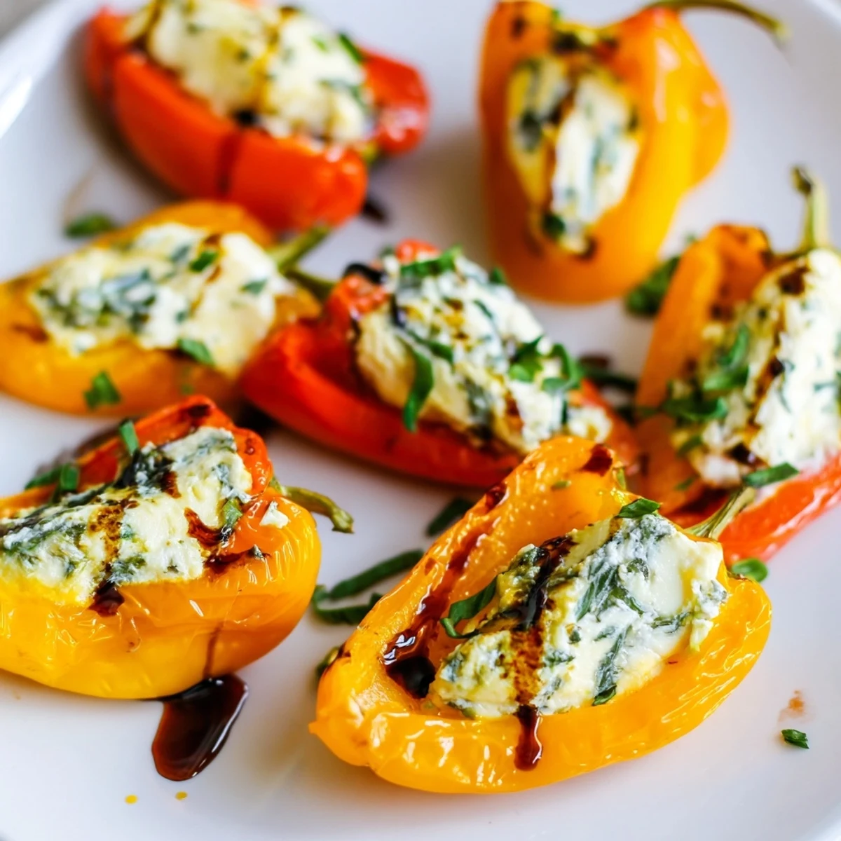 Mediterranean appetizer of roasted mini peppers topped with smooth goat cheese and fresh herbs