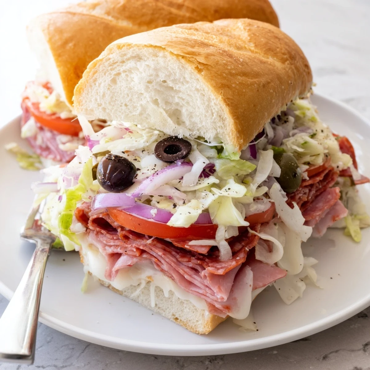 Crispy hoagie roll piled high with Italian grinder salad sandwich layered with melty provolone and zesty dressed vegetables