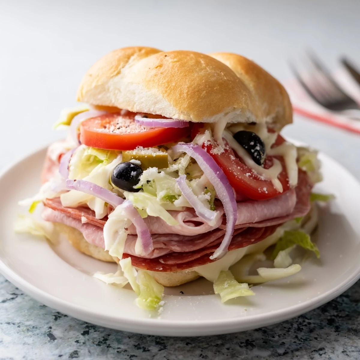 Cross-section of Italian grinder salad sandwich showcasing colorful lettuce, pepperoncini, and deli meats on toasted bread