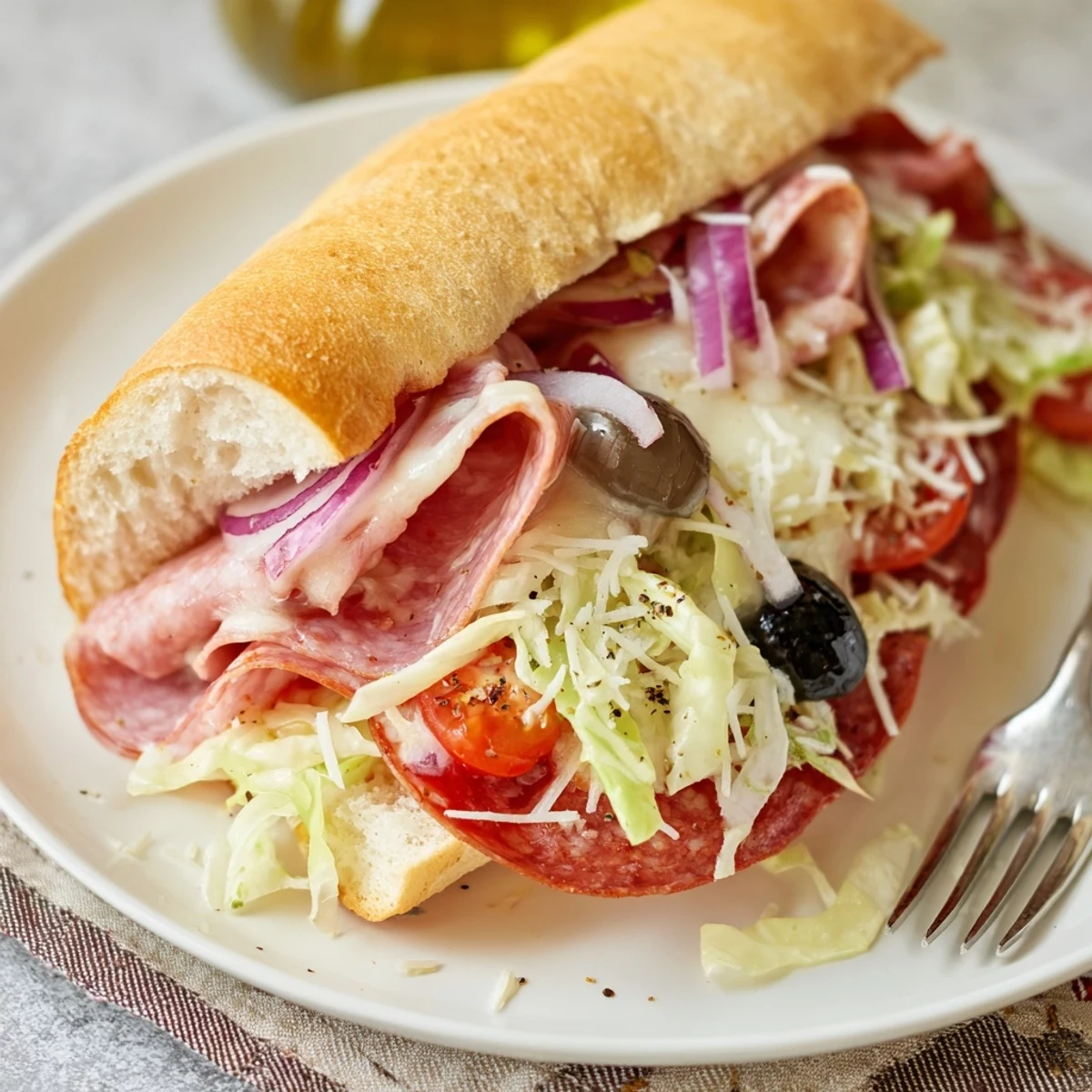 Close-up shot of Italian grinder salad sandwich with shredded salad, sliced tomatoes, and capicola spilling from crusty roll