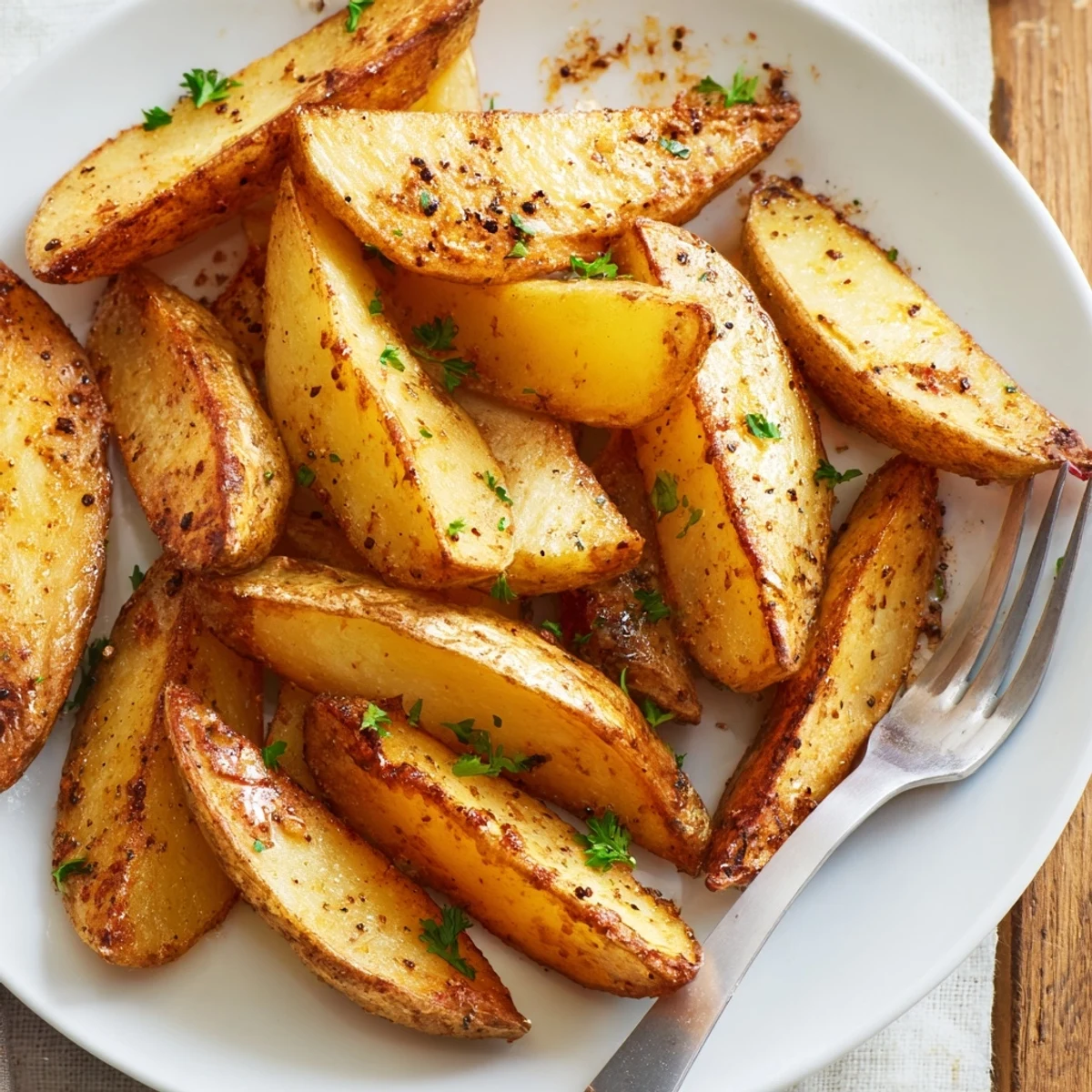 Golden crispy air fryer potato wedges seasoned with paprika and garlic powder