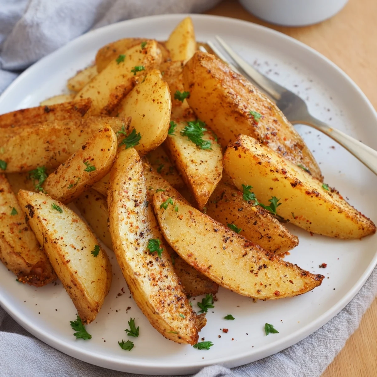 Fluffy inside potato wedges air fried until perfectly browned and crunchy