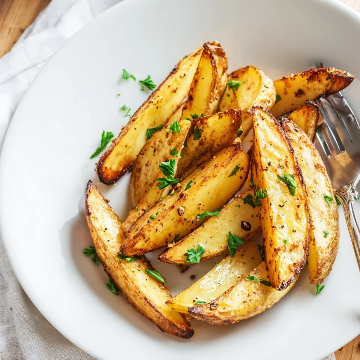 Heap of seasoned air fryer potato wedges served with fresh parsley garnish