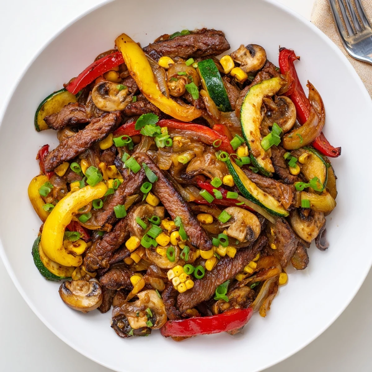 Sizzling Blackstone cowboy stir fry featuring tender beef and colorful charred vegetables on a hot griddle