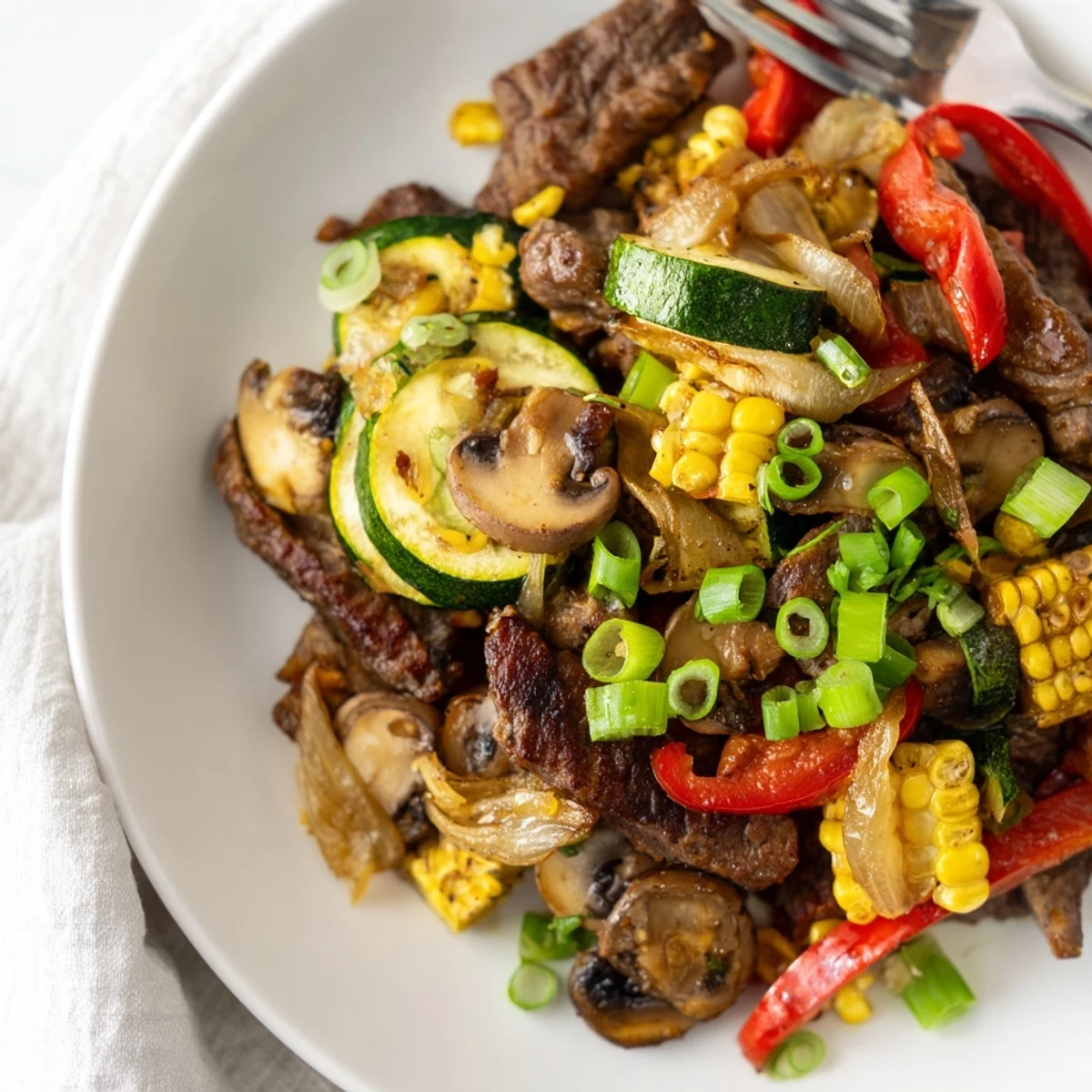 Hearty Blackstone cowboy stir fry with caramelized steak onions peppers and fresh green onion garnish