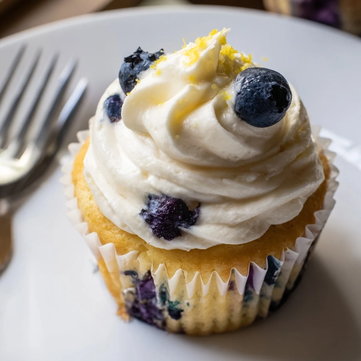 Freshly baked lemon blueberry cupcakes with smooth lemon frosting and blueberry decoration on a white plate