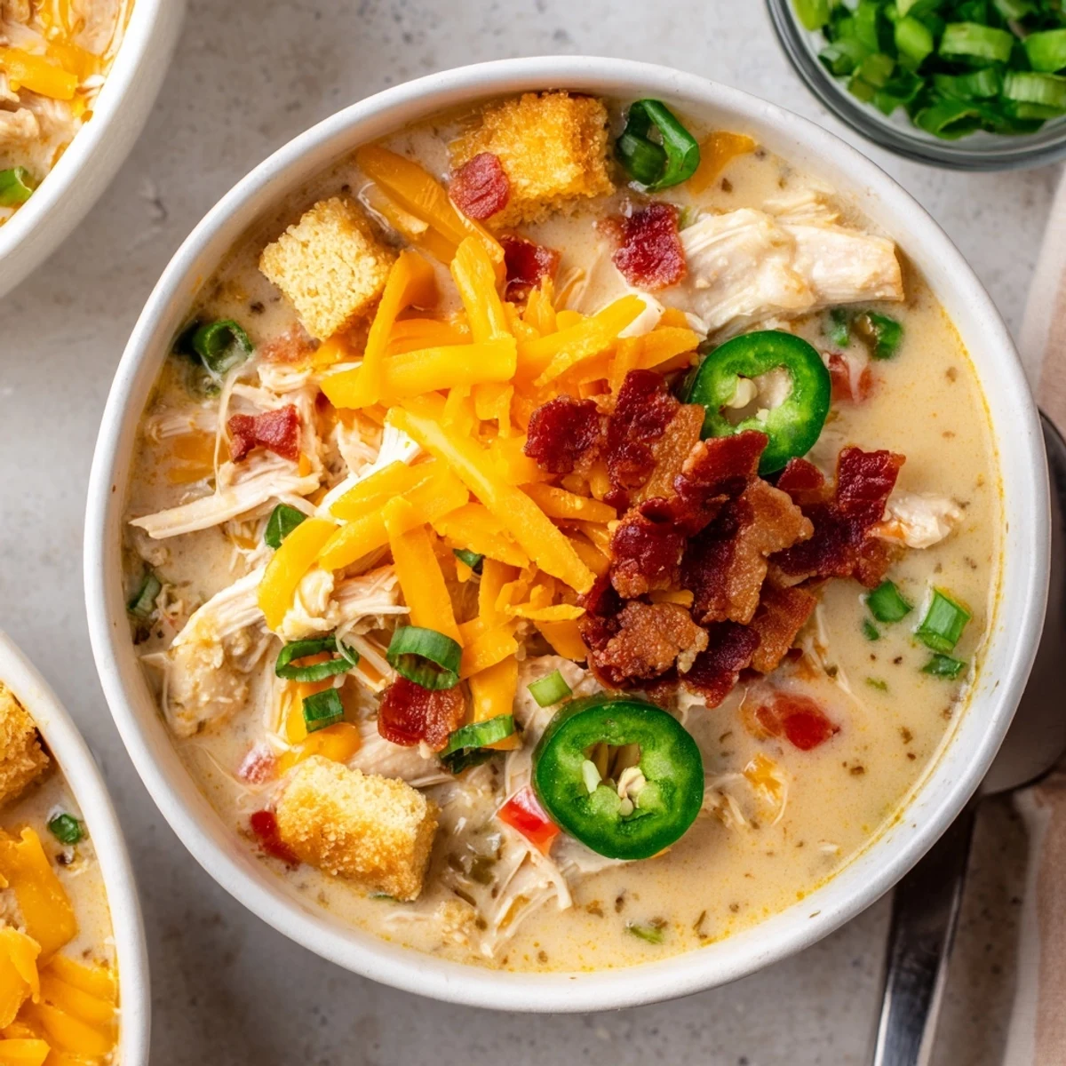 Creamy spicy jalapeno popper chicken soup topped with crumbled bacon and shredded cheddar cheese