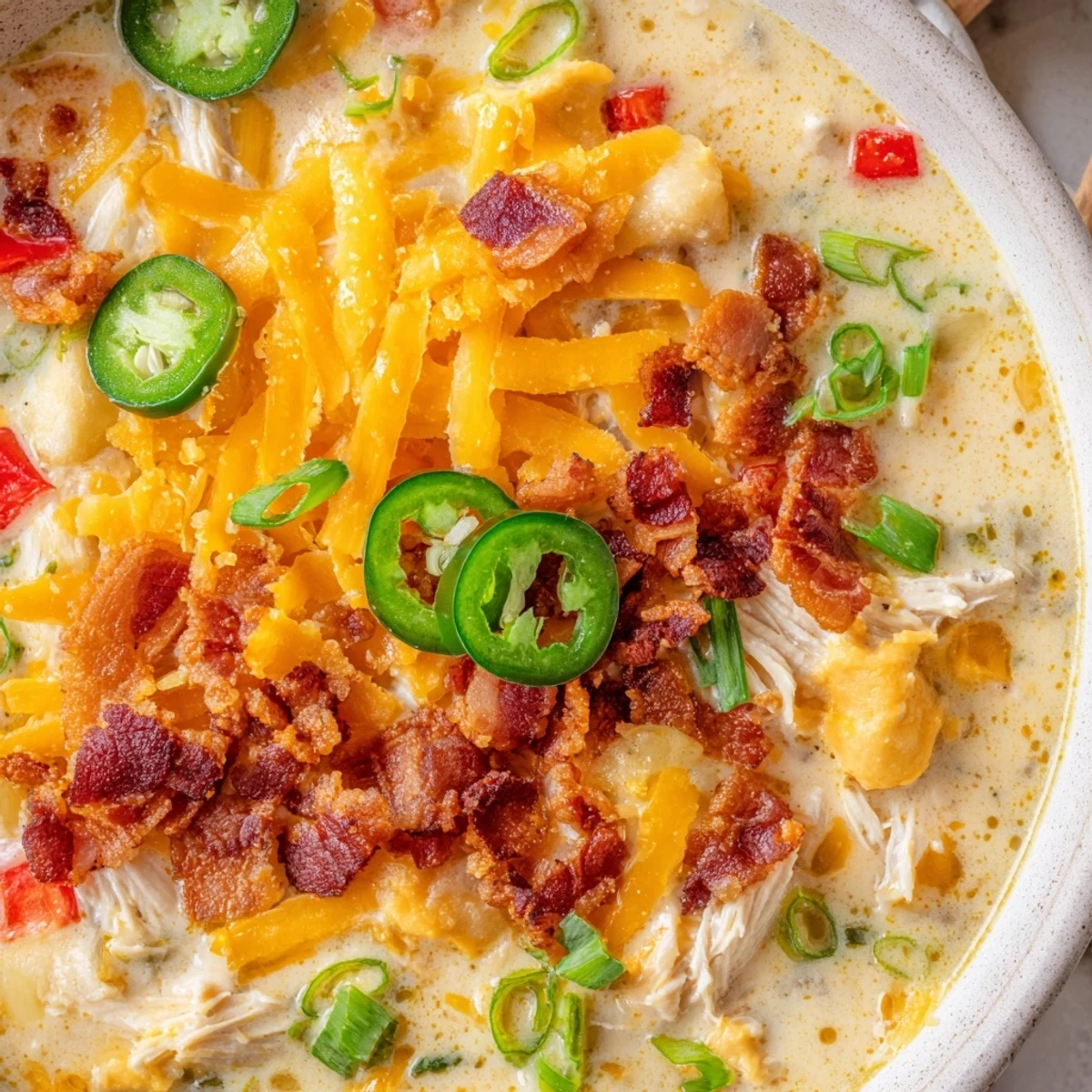 Rich gluten-free jalapeno popper chicken soup garnished with sliced jalapenos and melted cheese