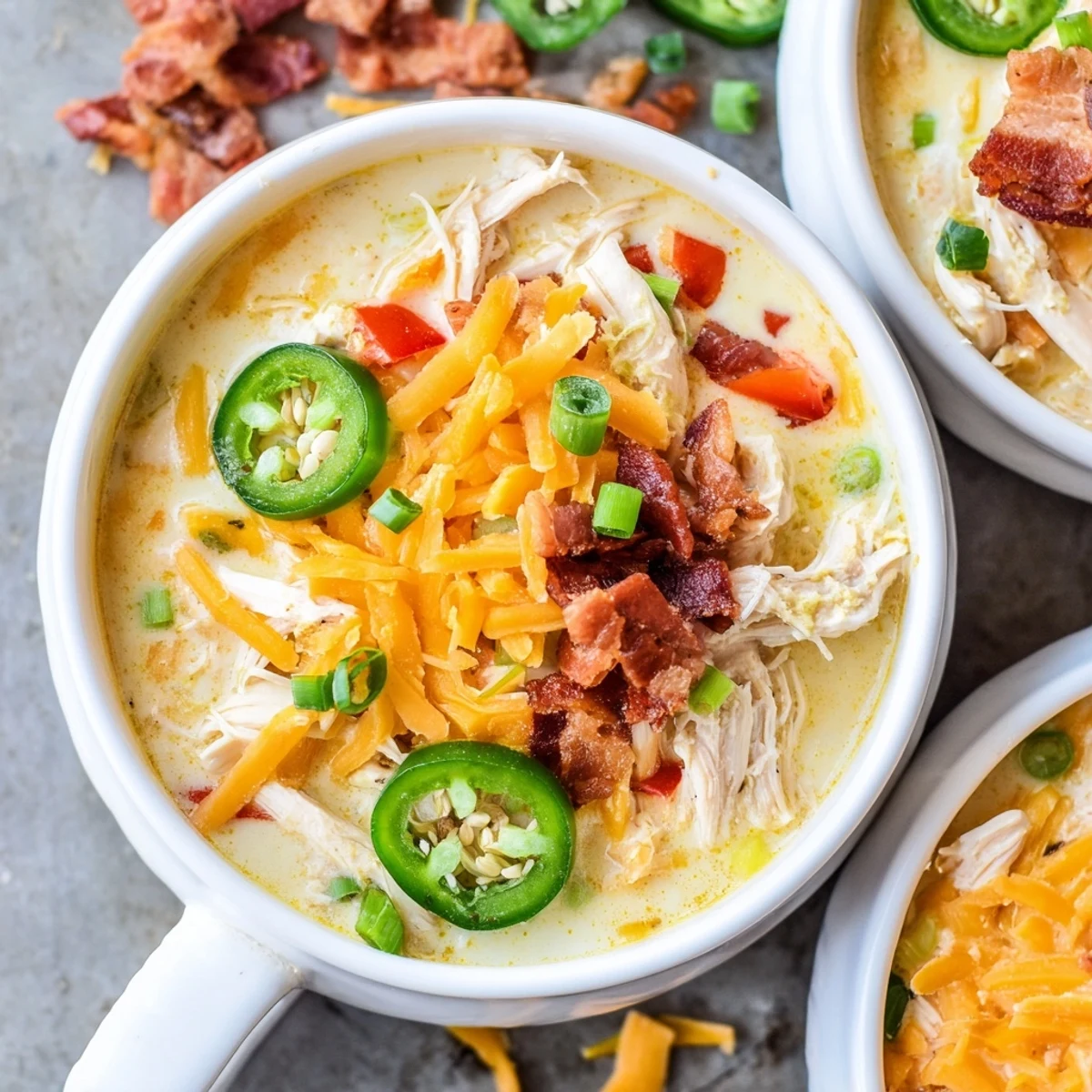 Steaming bowl of jalapeno popper chicken soup with green onions and red bell pepper pieces