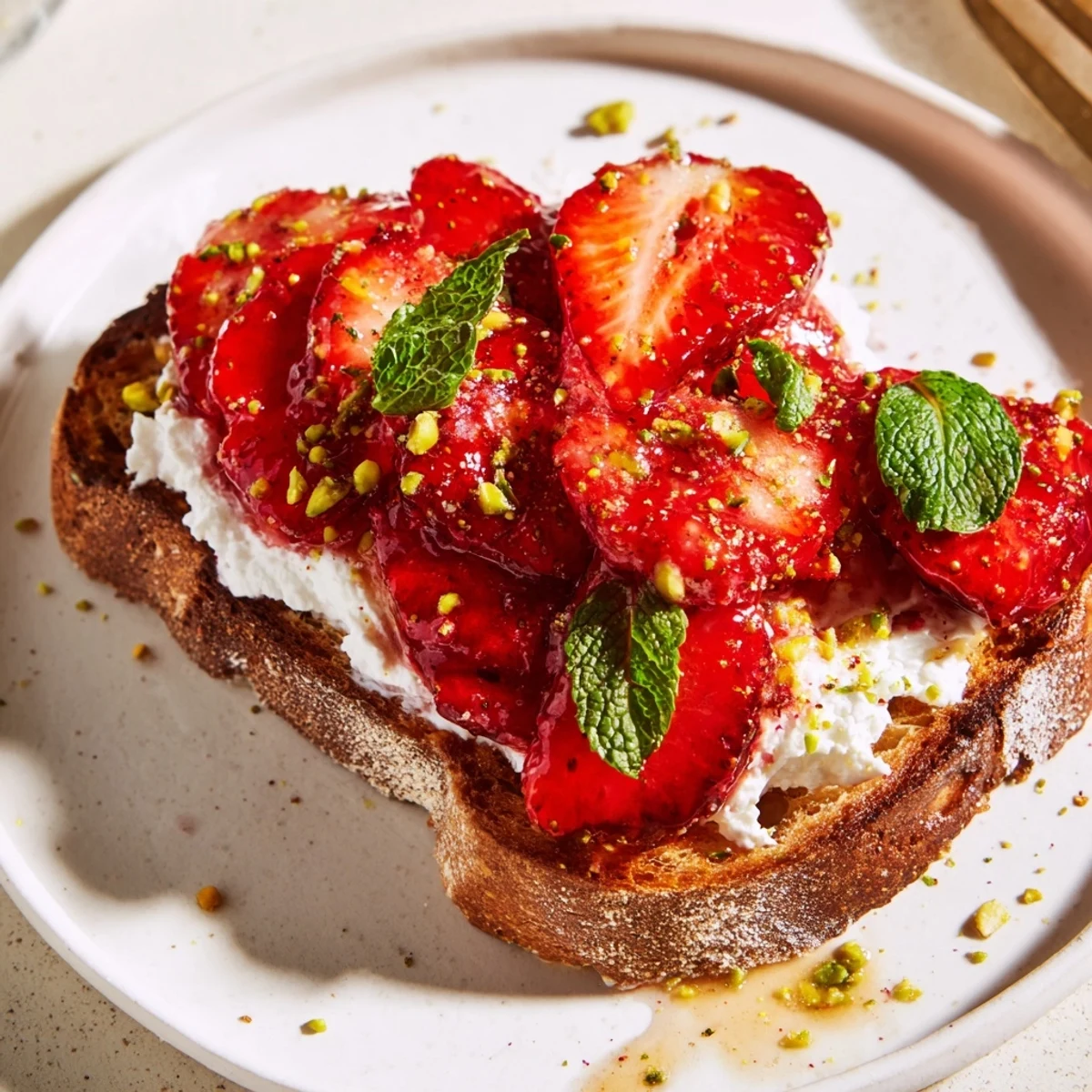 Golden roasted strawberry whipped ricotta toast topped with sweet juicy berries on crunchy sourdough bread