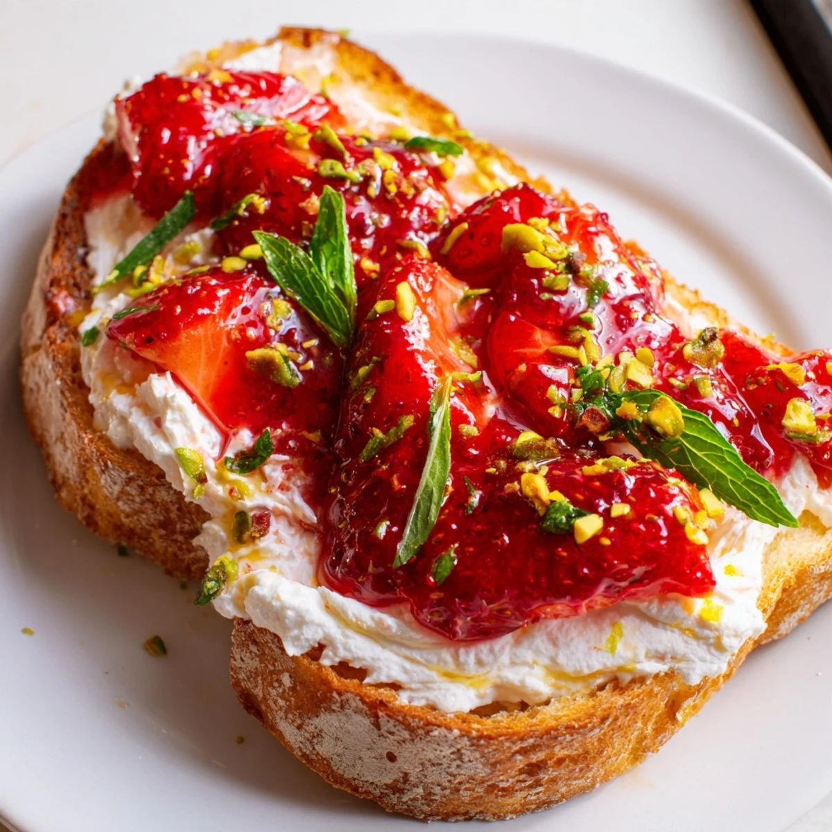 Creamy whipped ricotta toast piled with honey roasted strawberries and fresh mint garnish on artisan bread