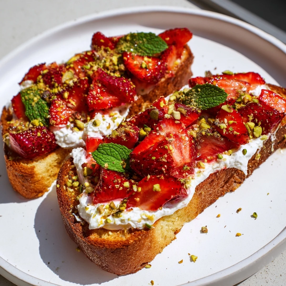 Vibrant roasted strawberry ricotta breakfast toast featuring syrupy berries spread over fluffy cheese on crispy toast