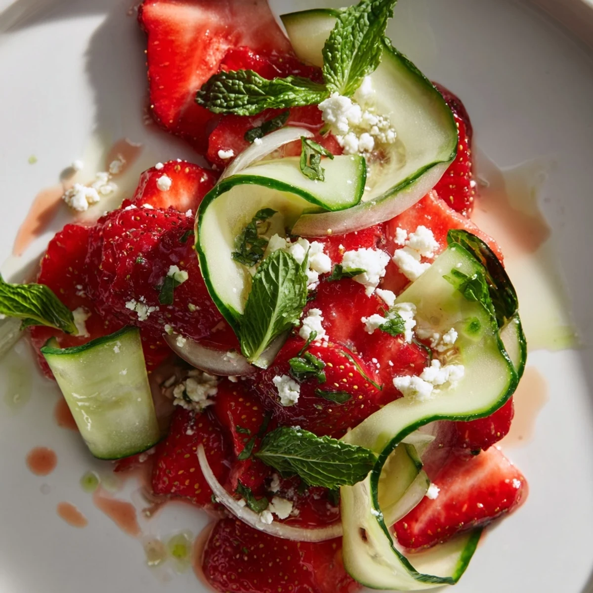 Fresh strawberry cucumber salad featuring sliced red berries and crisp green cucumbers with herbs