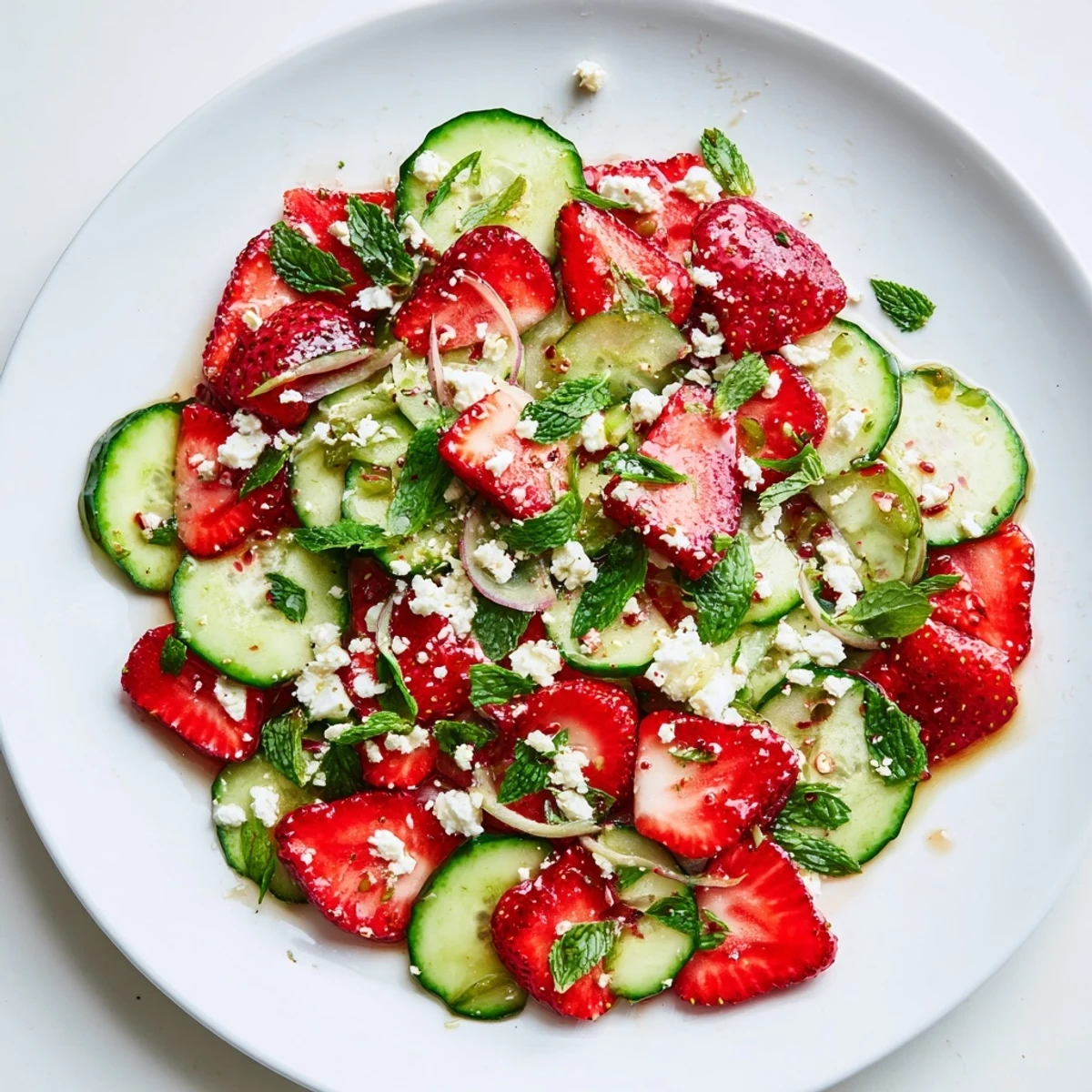 Summer strawberry cucumber salad arranged on white plate with fresh mint and basil garnish
