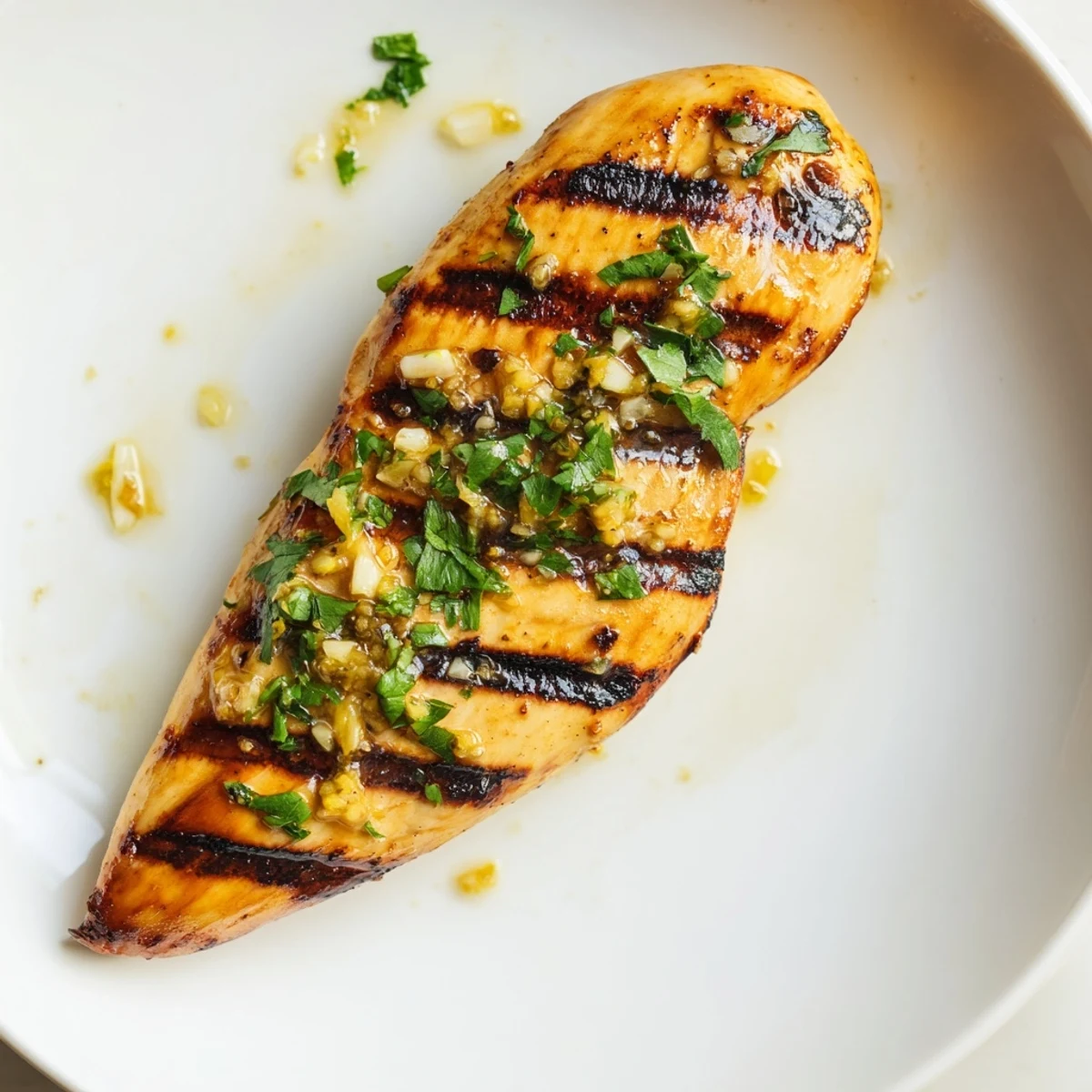 Juicy grilled Key West chicken with char marks and fresh lime wedges on a white plate