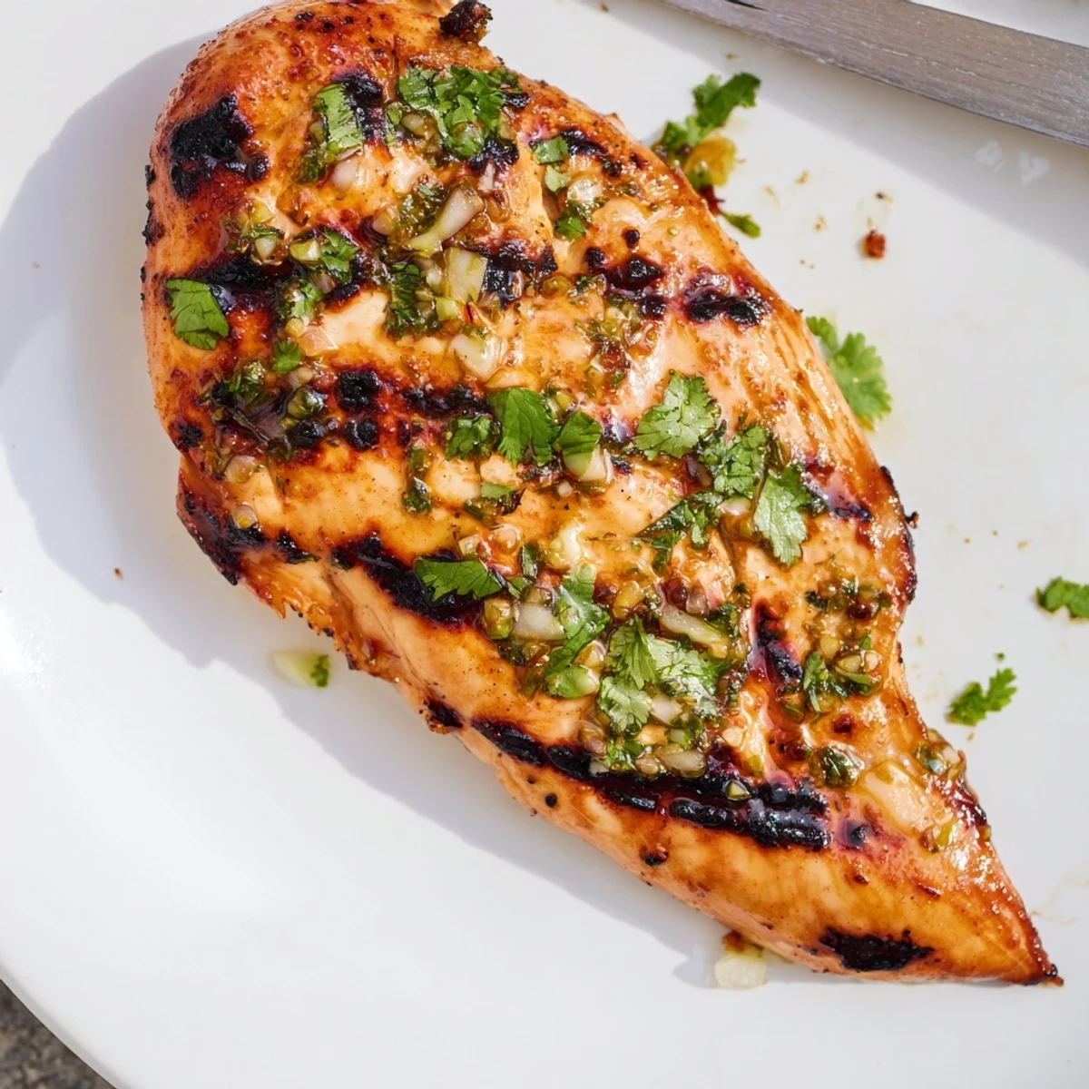 Citrus-marinated Key West grilled chicken breast garnished with chopped cilantro and zesty lime