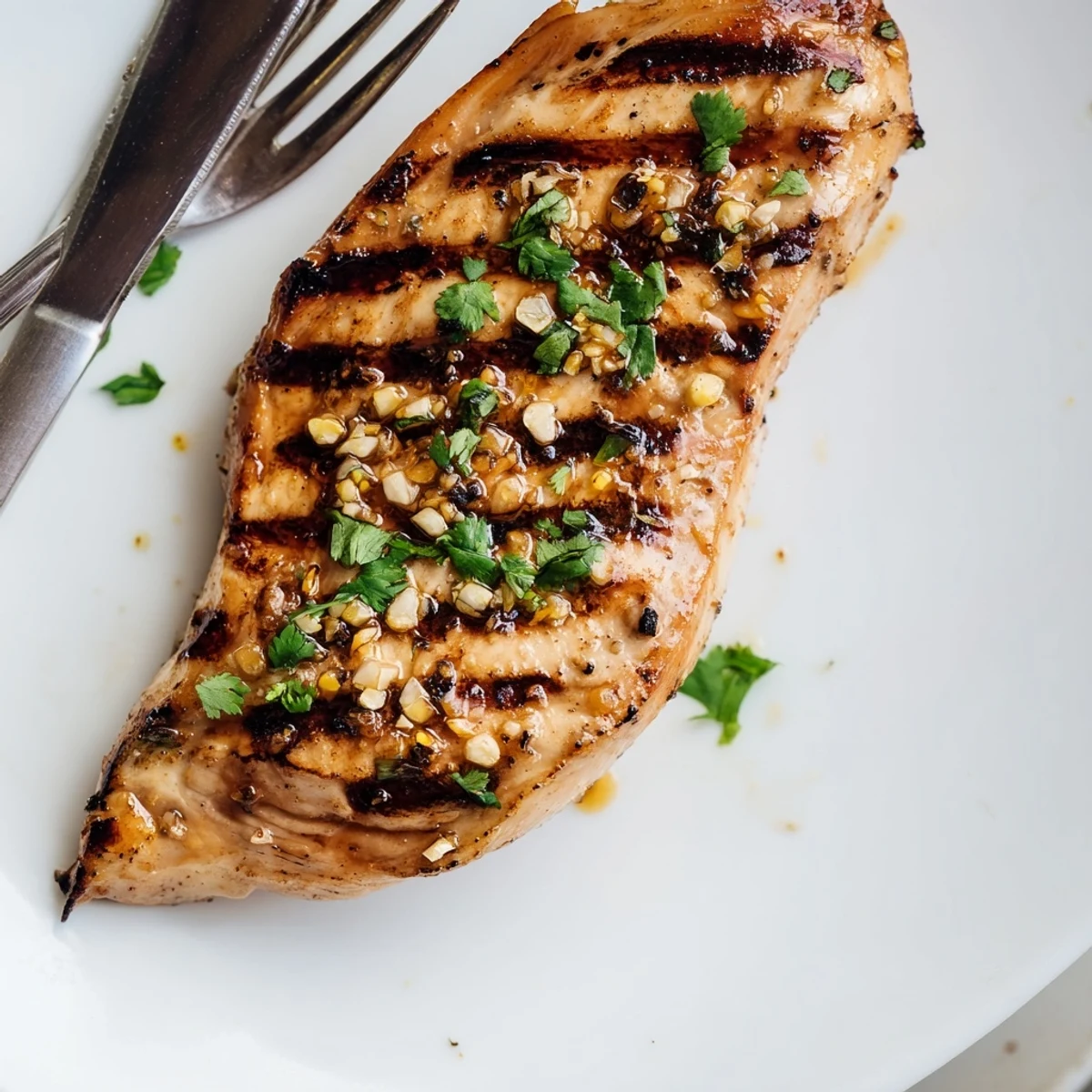 Perfectly charred Key West grilled chicken resting on a cutting board with vibrant green herbs