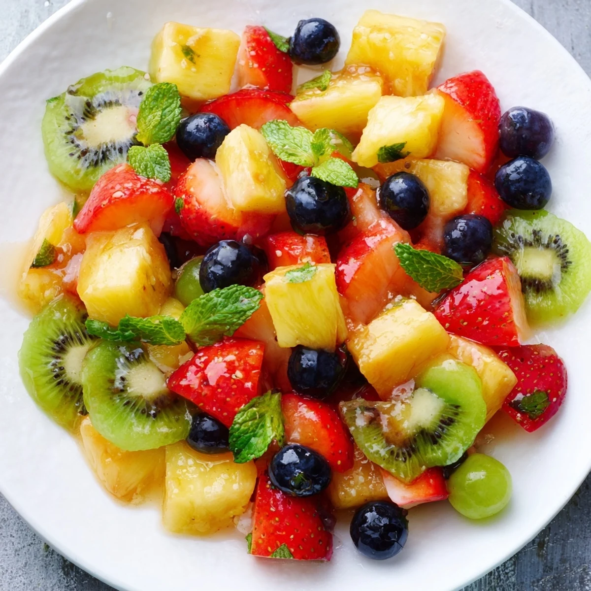 Colorful Easter fruit salad bowl filled with fresh strawberries, pineapple, kiwi, and blueberries tossed in honey lime dressing