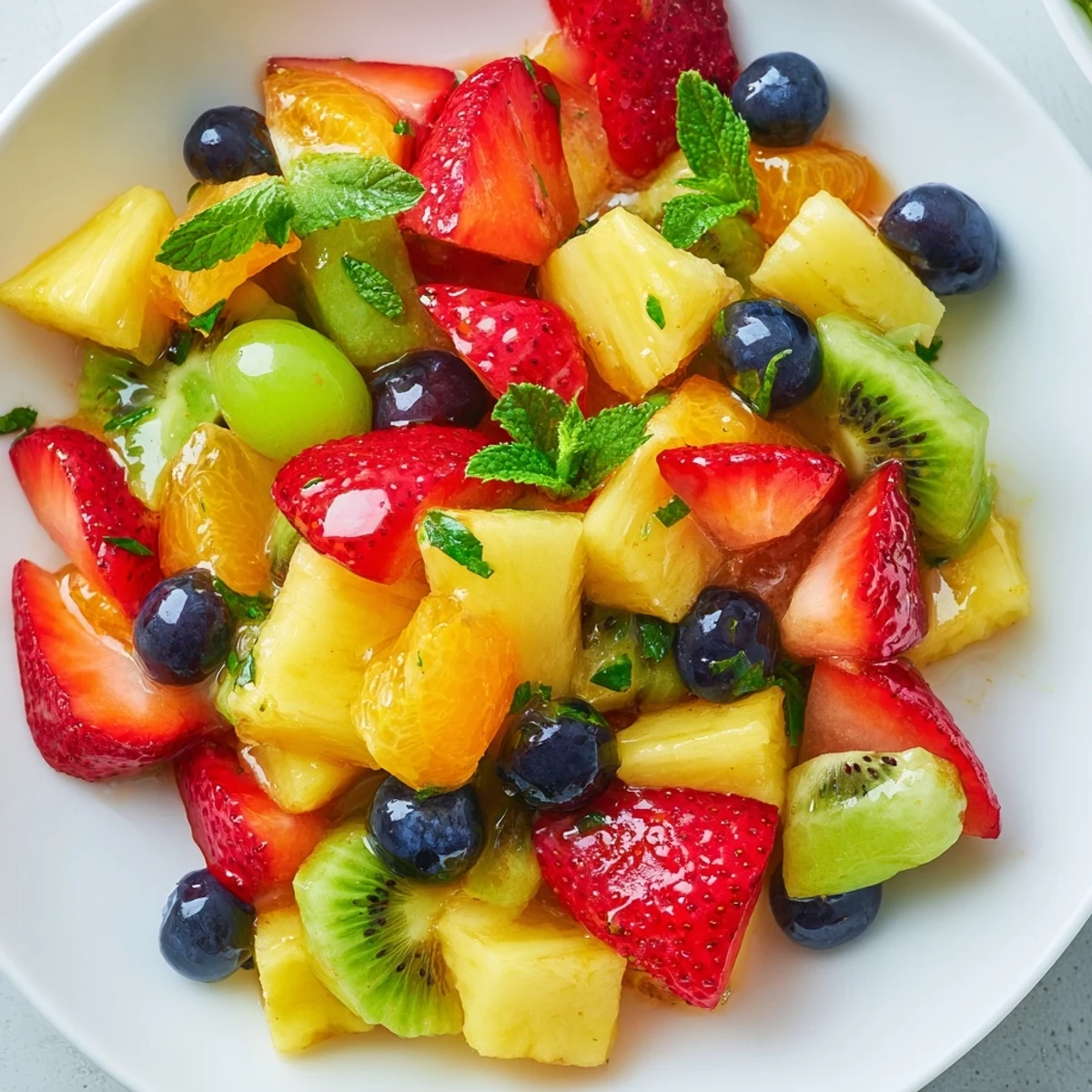 Refreshing Easter fruit salad arranged in a white serving dish with mint garnish and vibrant spring fruits