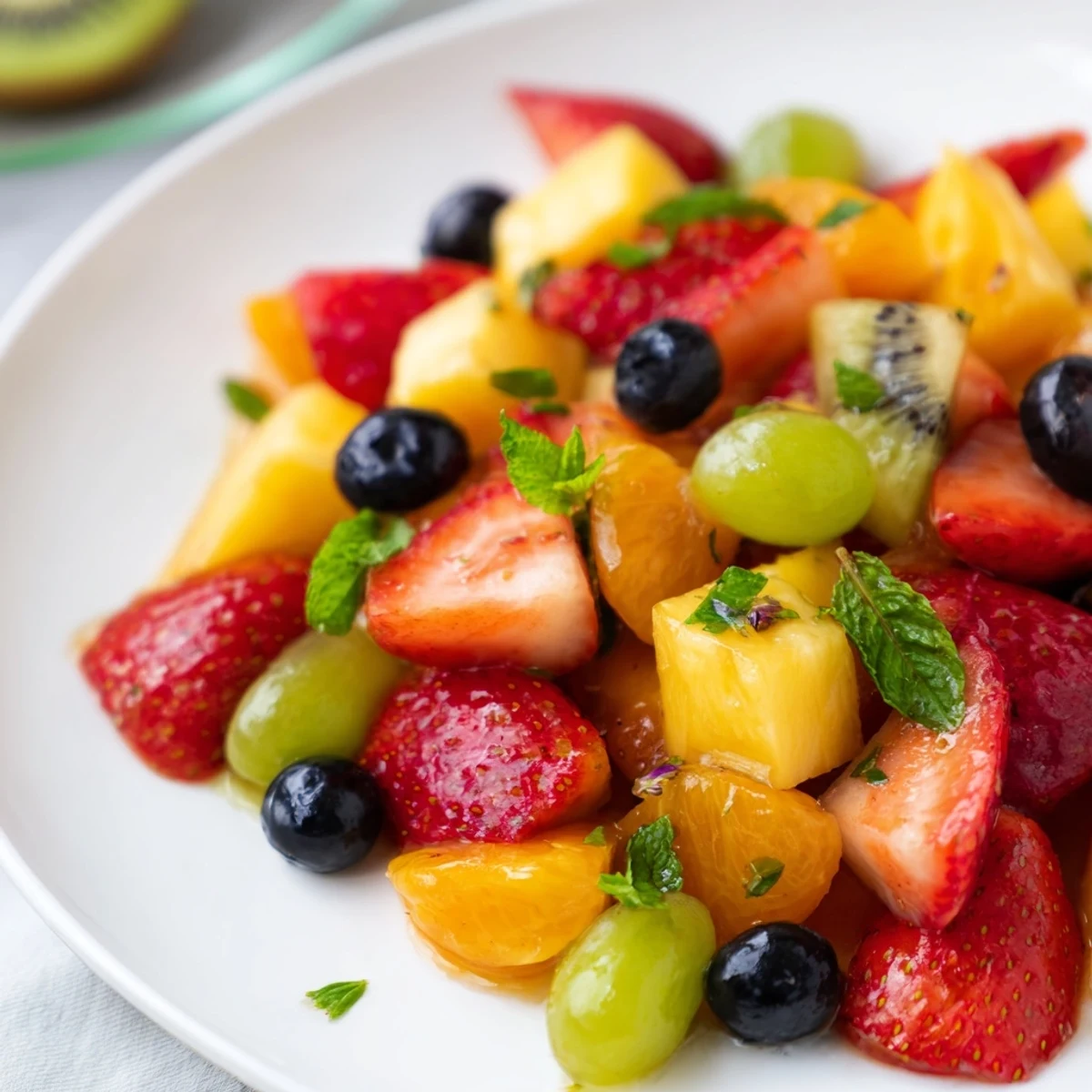 Festive Easter fruit salad showcasing a medley of seasonal produce drizzled with citrus honey glaze and poppy seeds
