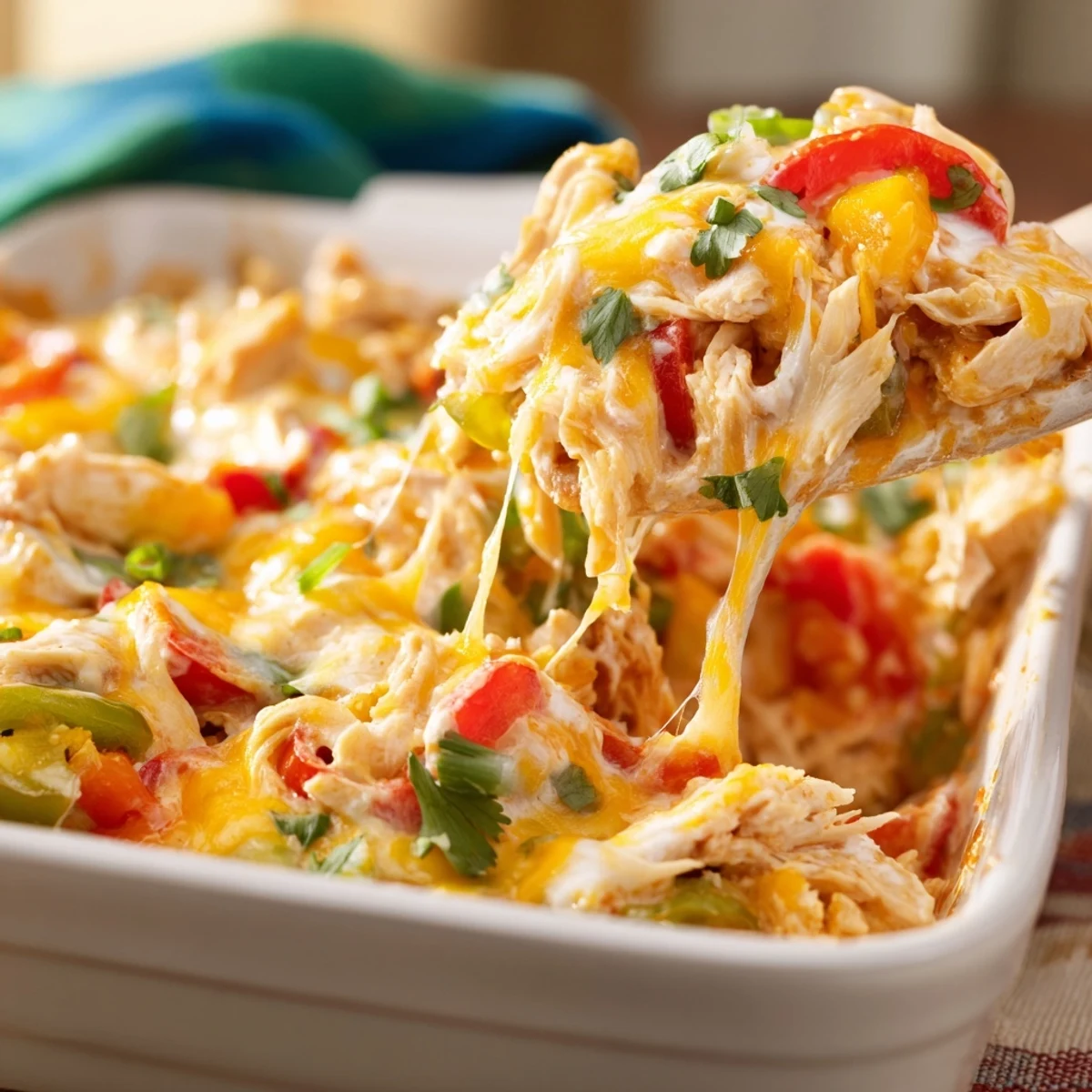 Golden bubbly cheesy chicken fajita casserole topped with melted Mexican cheese and fresh cilantro
