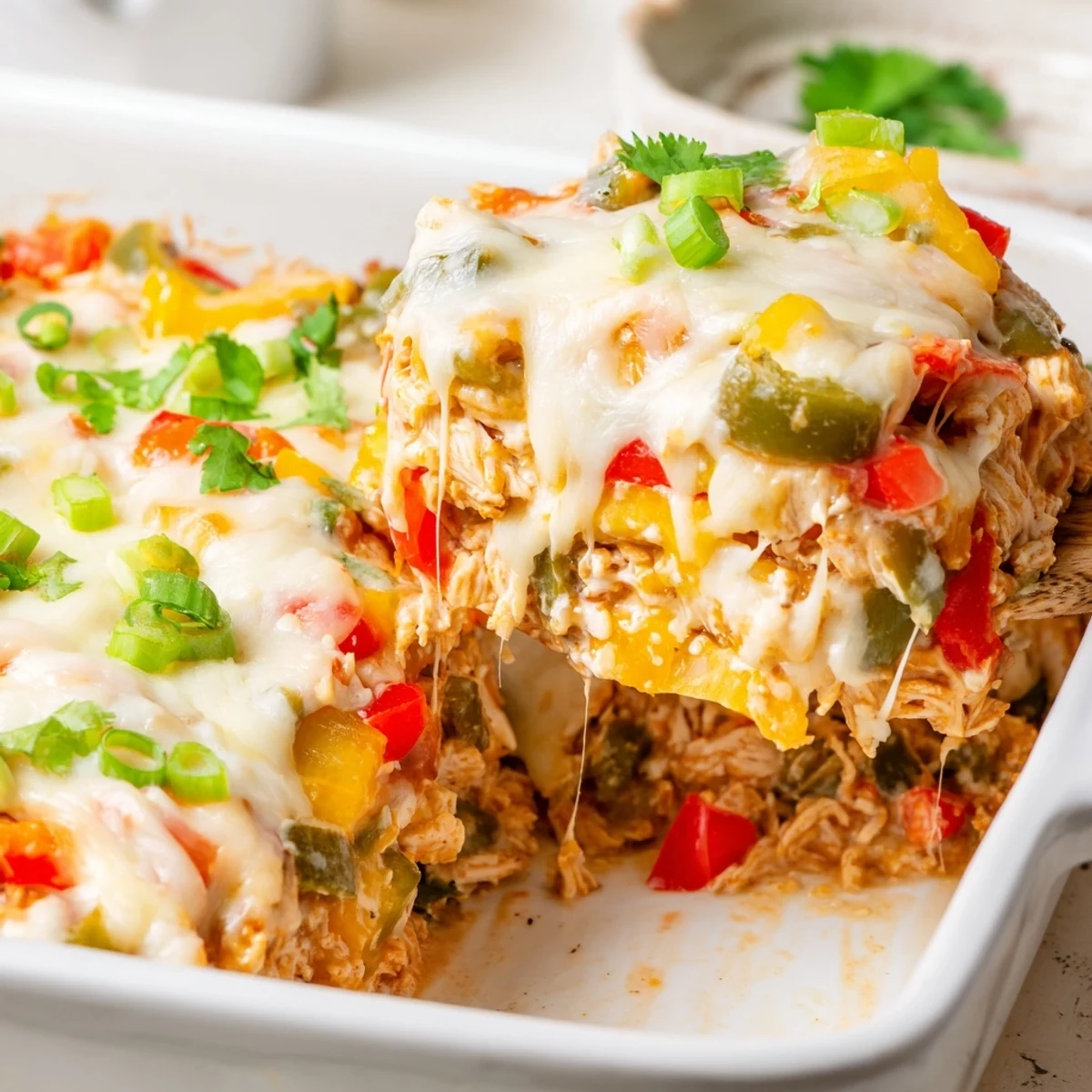 Comforting cheesy chicken fajita casserole baked until golden with colorful bell peppers and shredded cheese