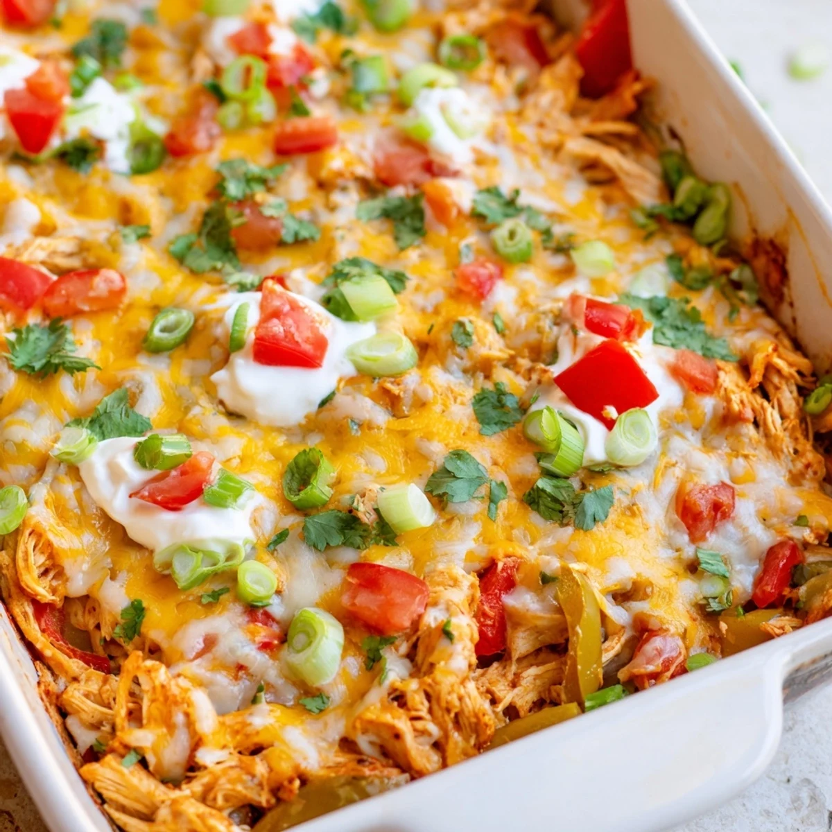 Colorful Tex-Mex cheesy chicken fajita casserole with peppers onions and melted cheese bubbling hot