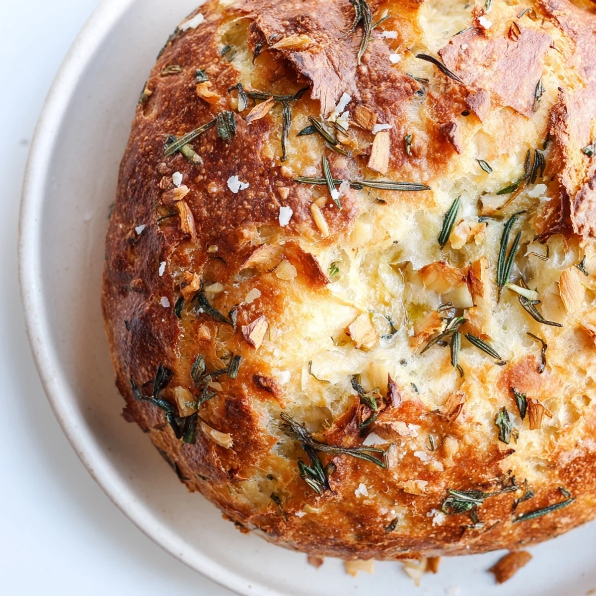 Golden rustic garlic rosemary skillet bread with flaky sea salt sprinkled on top