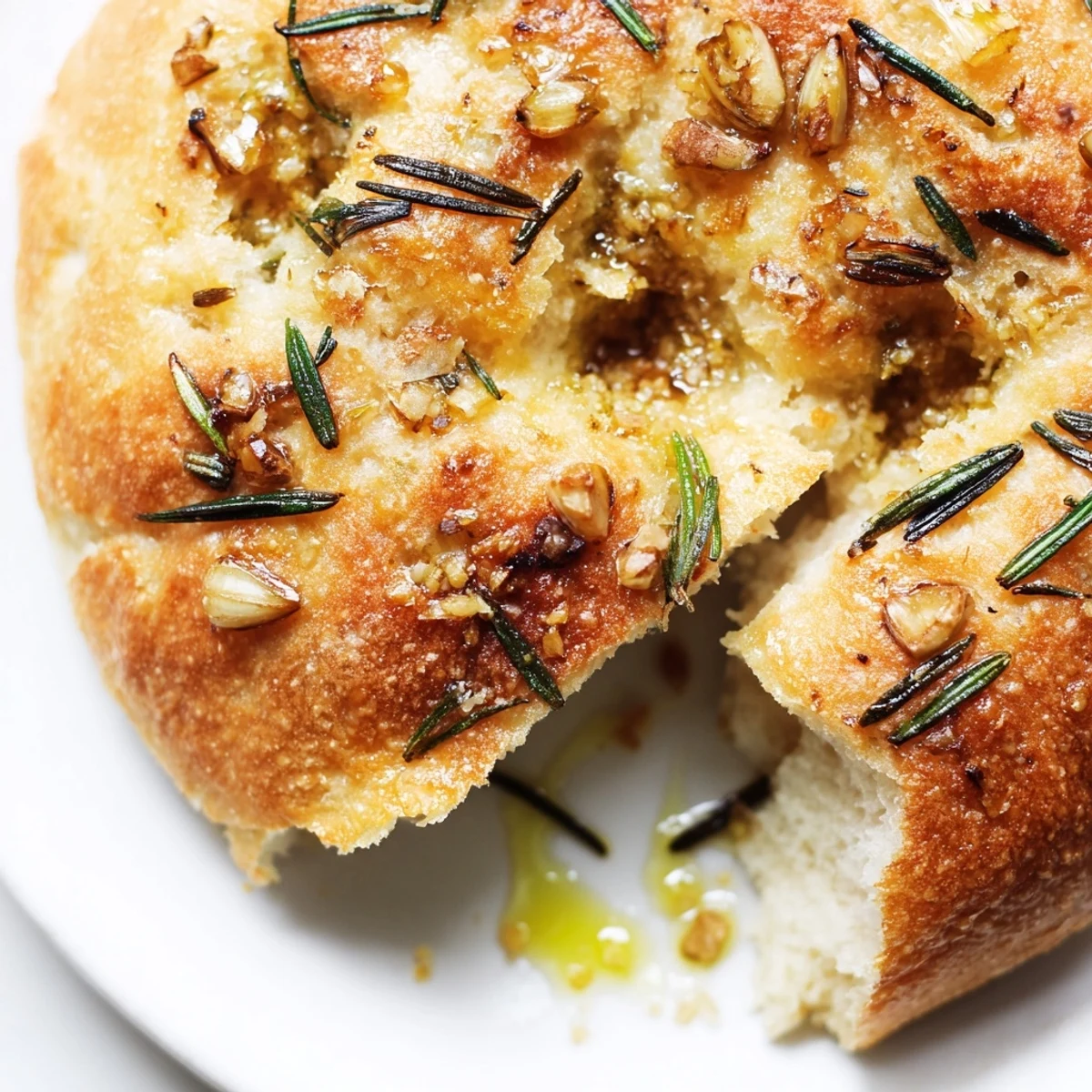 Homemade skillet bread baked with fragrant rosemary and roasted garlic in a cast iron pan