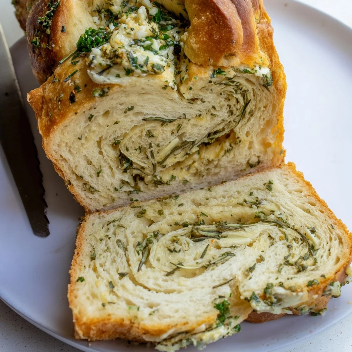 Golden garlic and herb bread loaf fresh from the oven with flecks of green parsley