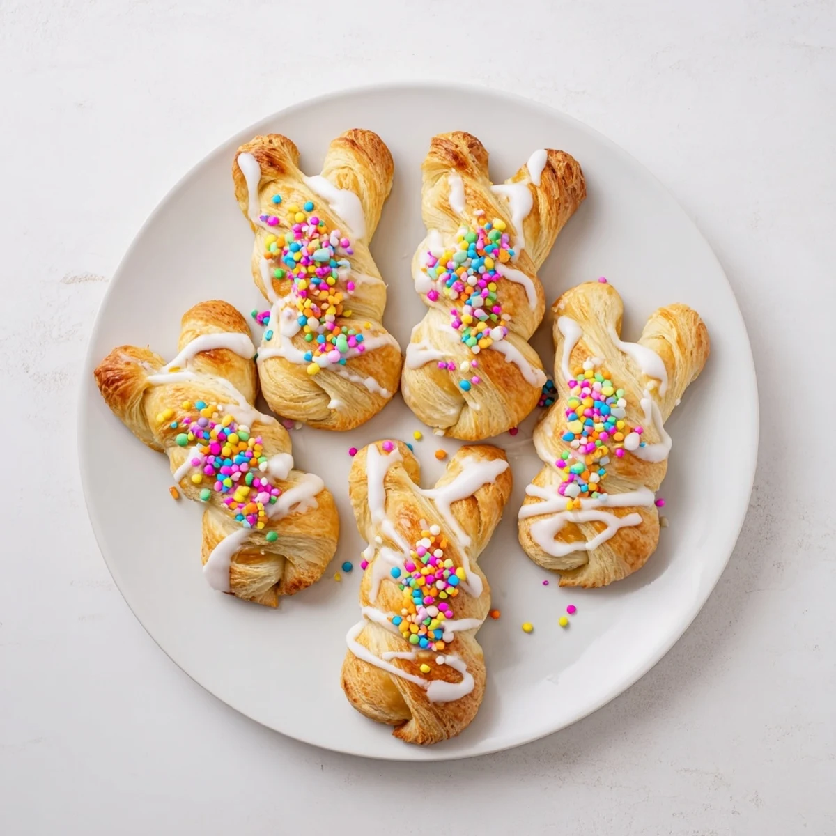 Golden brown Easter Bunny Twists drizzled with white icing and colorful sprinkles on a white plate
