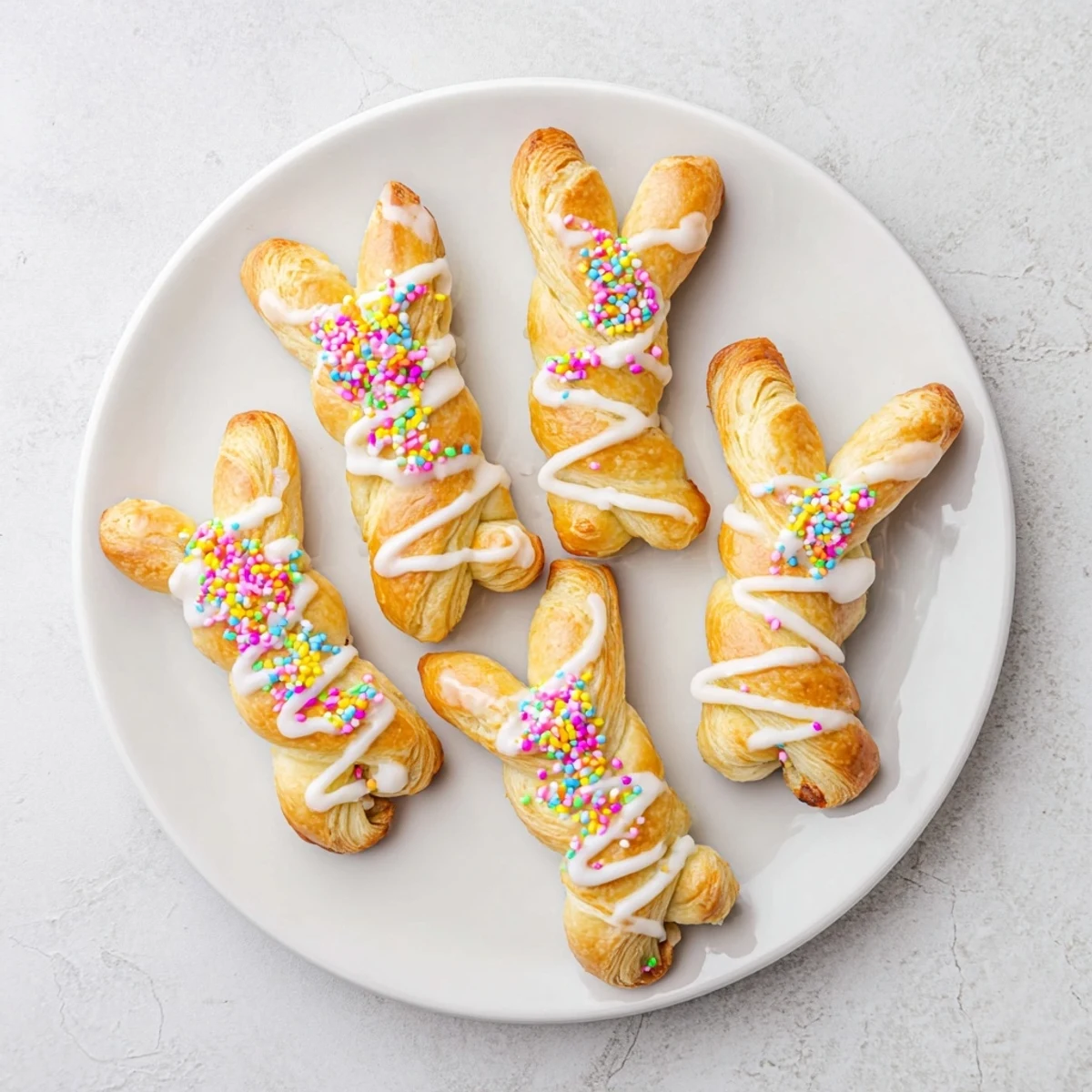Twisted puff pastry Easter Bunny Twists shaped like bunny ears with sweet glaze and pastel decorations