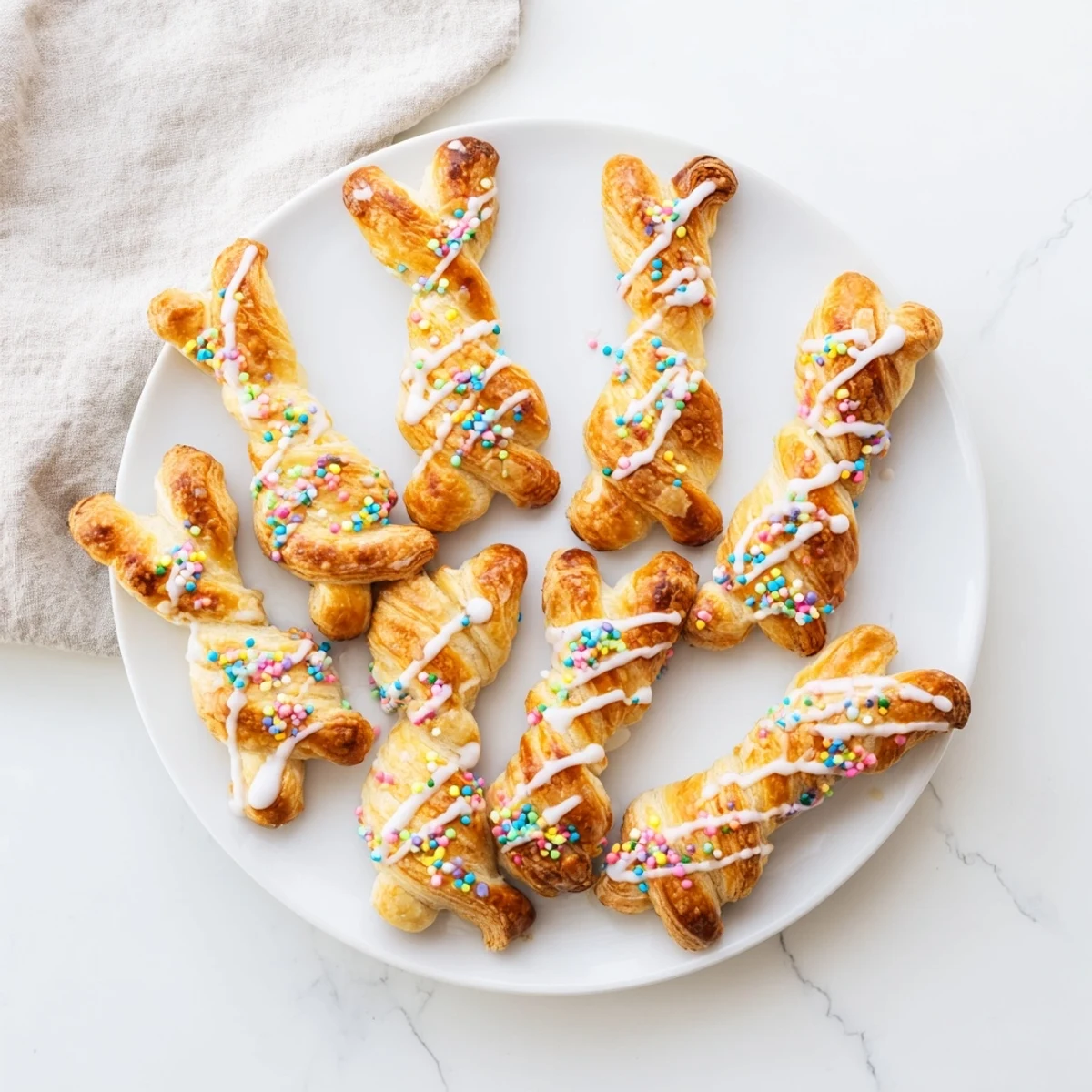 Fluffy cinnamon sugar Easter Bunny Twists arranged on a rustic wooden board for festive spring brunch