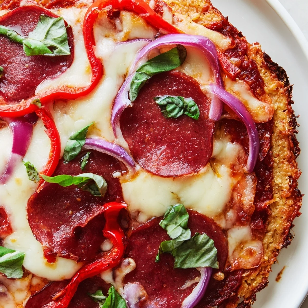 Golden crispy chicken crust pizza topped with melted mozzarella and vibrant pepperoni slices