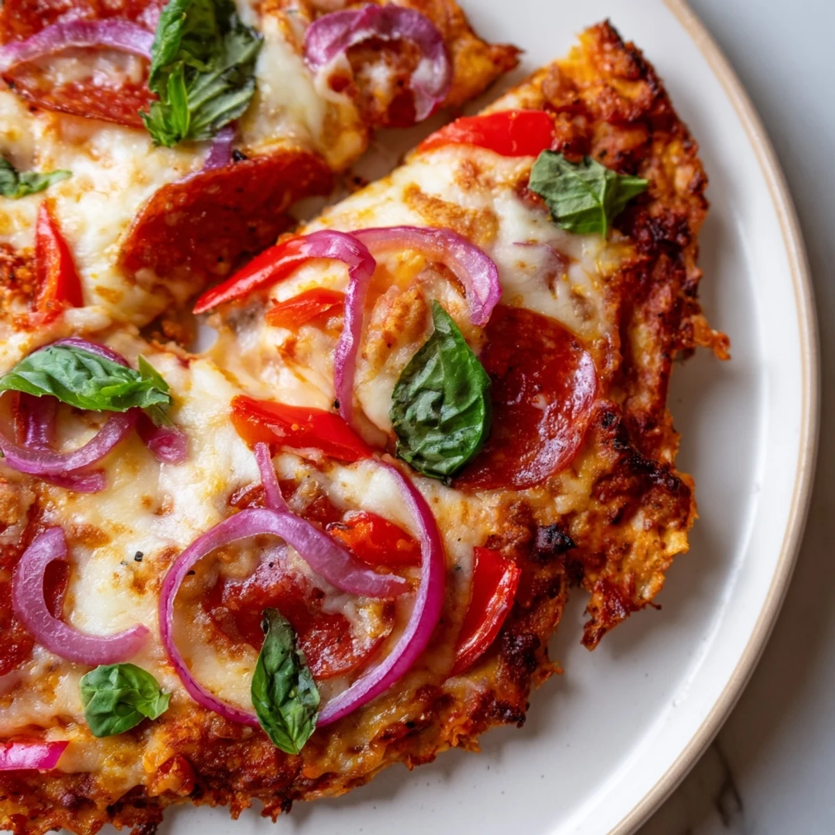 Savory chicken crust pizza baked to golden perfection with fresh basil garnish