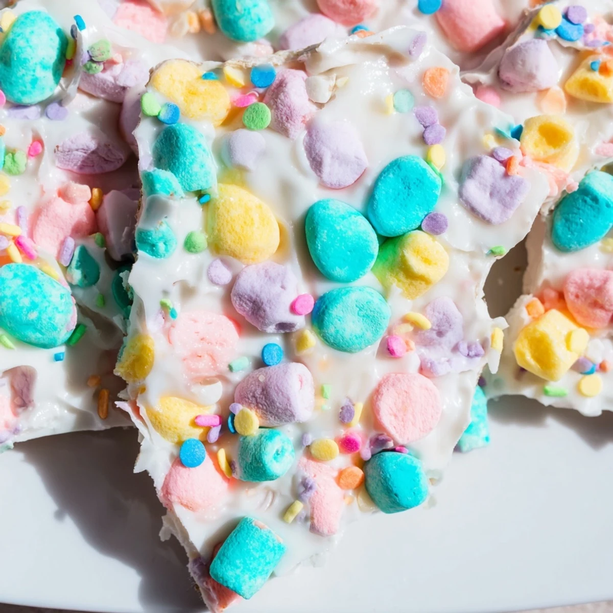White chocolate Easter marshmallow bark topped with colorful candy eggs and pastel sprinkles