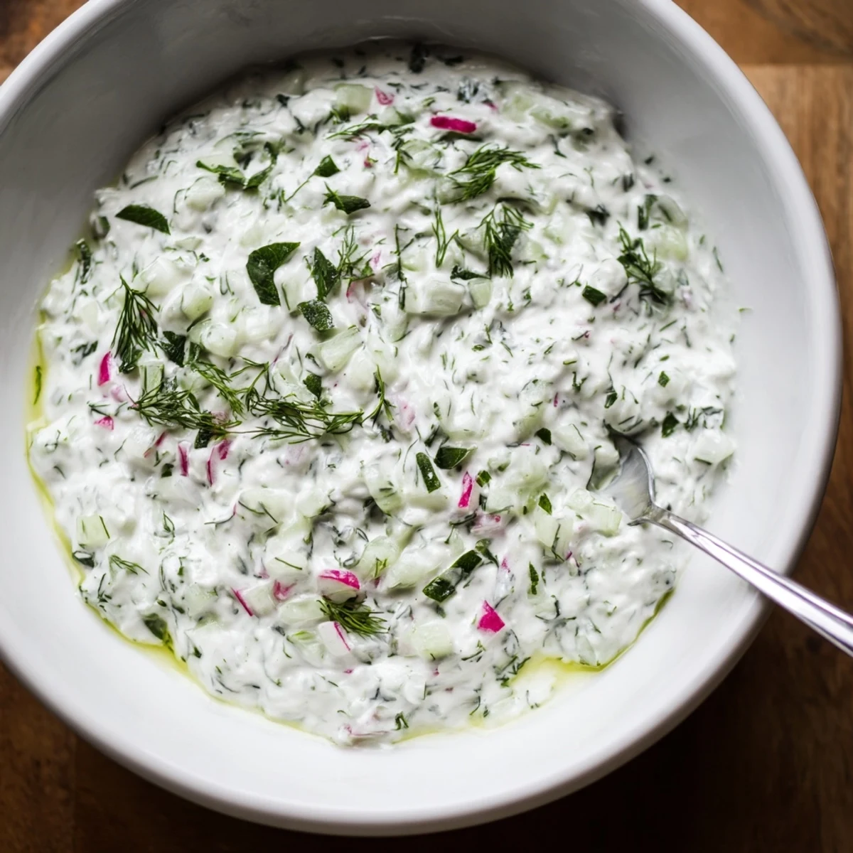 Creamy healthy radish tzatziki dip topped with fresh dill and olive oil drizzle