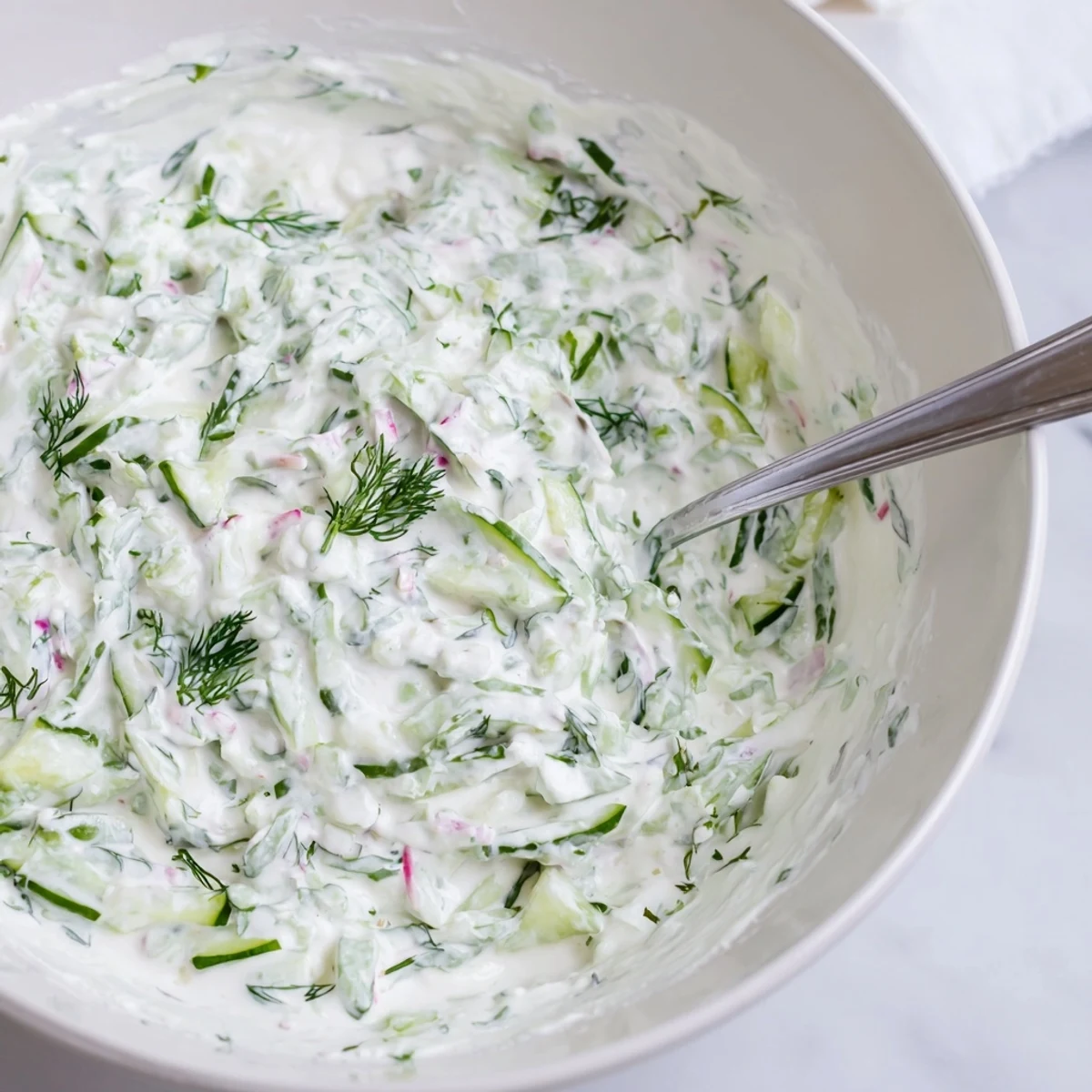 Bowl of healthy radish tzatziki dip served with crisp vegetable crudités for appetizers