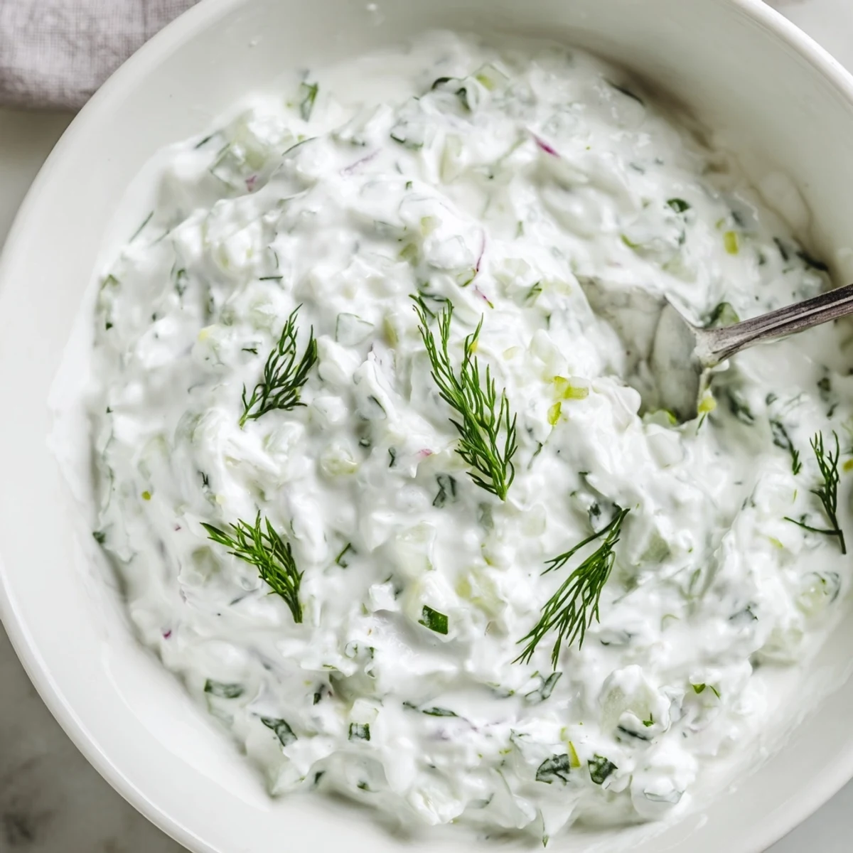 Healthy radish tzatziki dip showcasing white Greek yogurt base with bright grated radishes