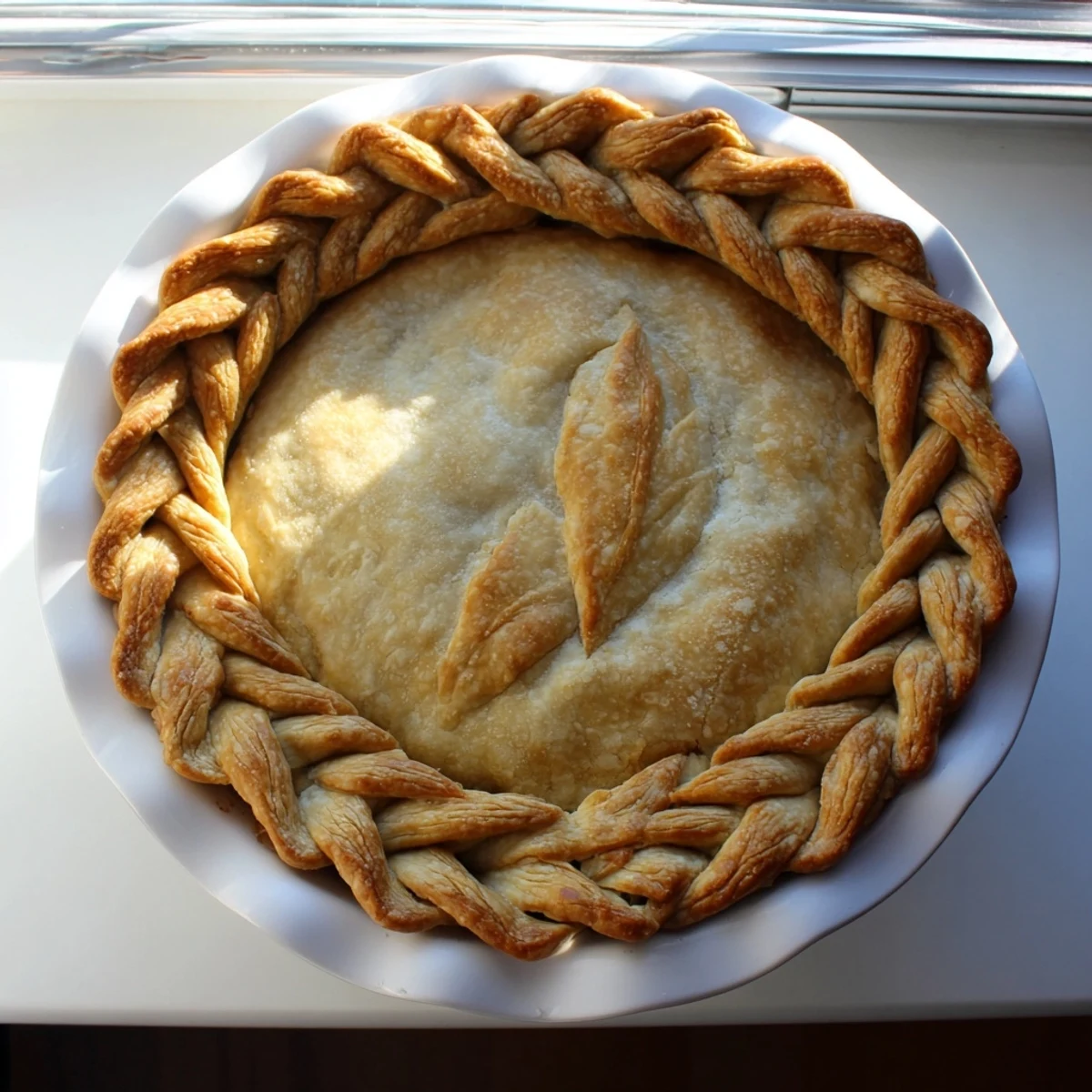 Golden brown fishtail braid pie crust woven around fruit pie with egg wash glaze
