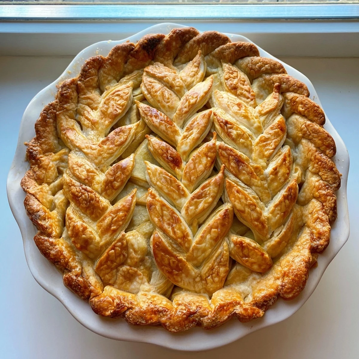 Intricate woven dough braid decorates edge of homemade American pie with flaky texture