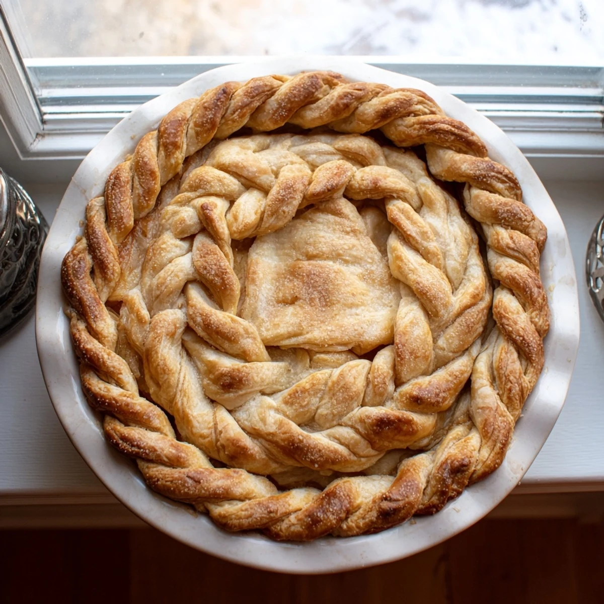 Decorative fishtail braided pastry crust borders golden pie finished with shiny egg wash